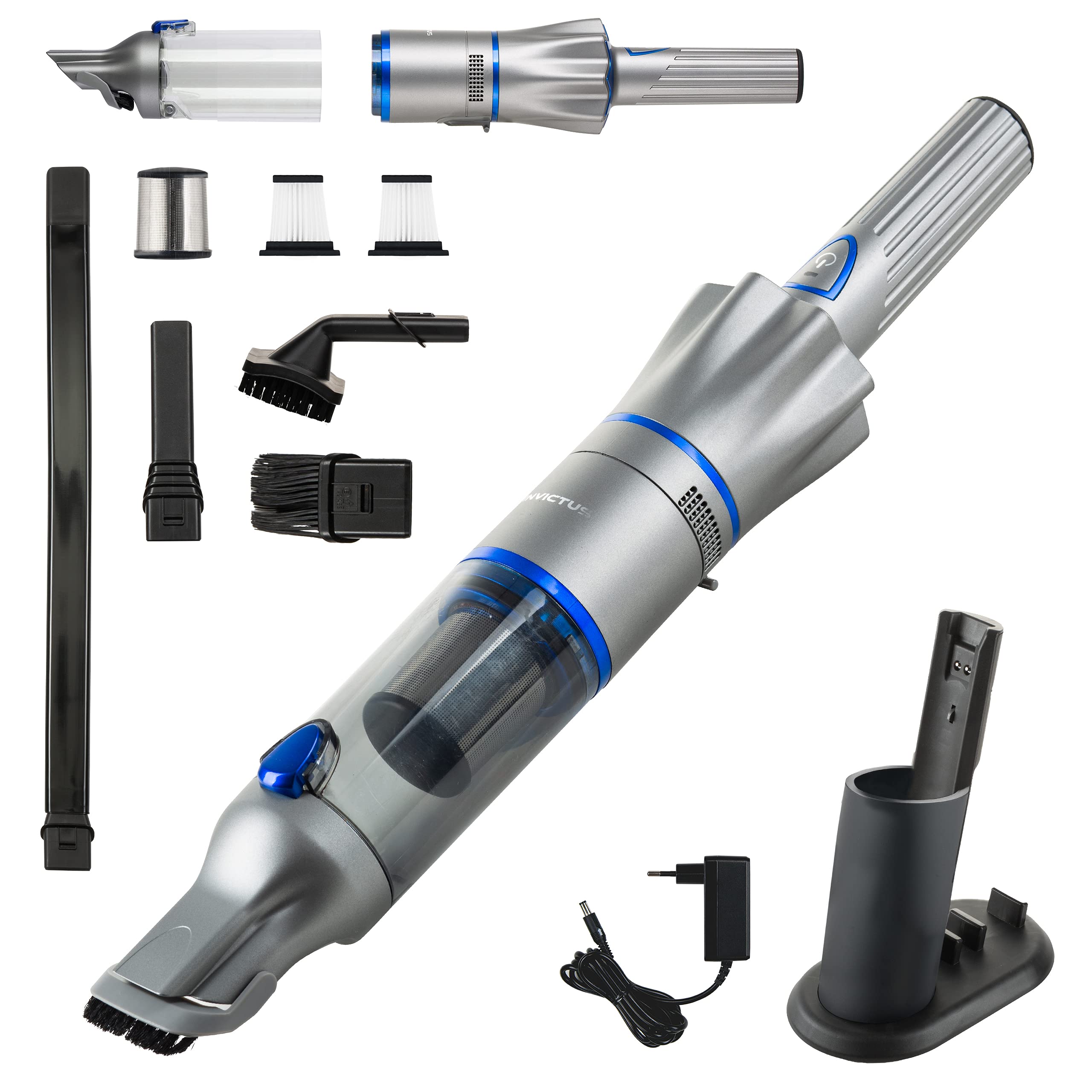 جاروبرقی دستی Genius A82119، Invictus One 2.0 + جاروبرقی کف جاروبرقی 12 تکه آبی دستی بدون کیسه و شارژی با 13000PA | 2 عدد فیلتر HEPA، باتری لیتیوم یون، مجموعه برس اضافی، 90 وات، 76 دسی بل