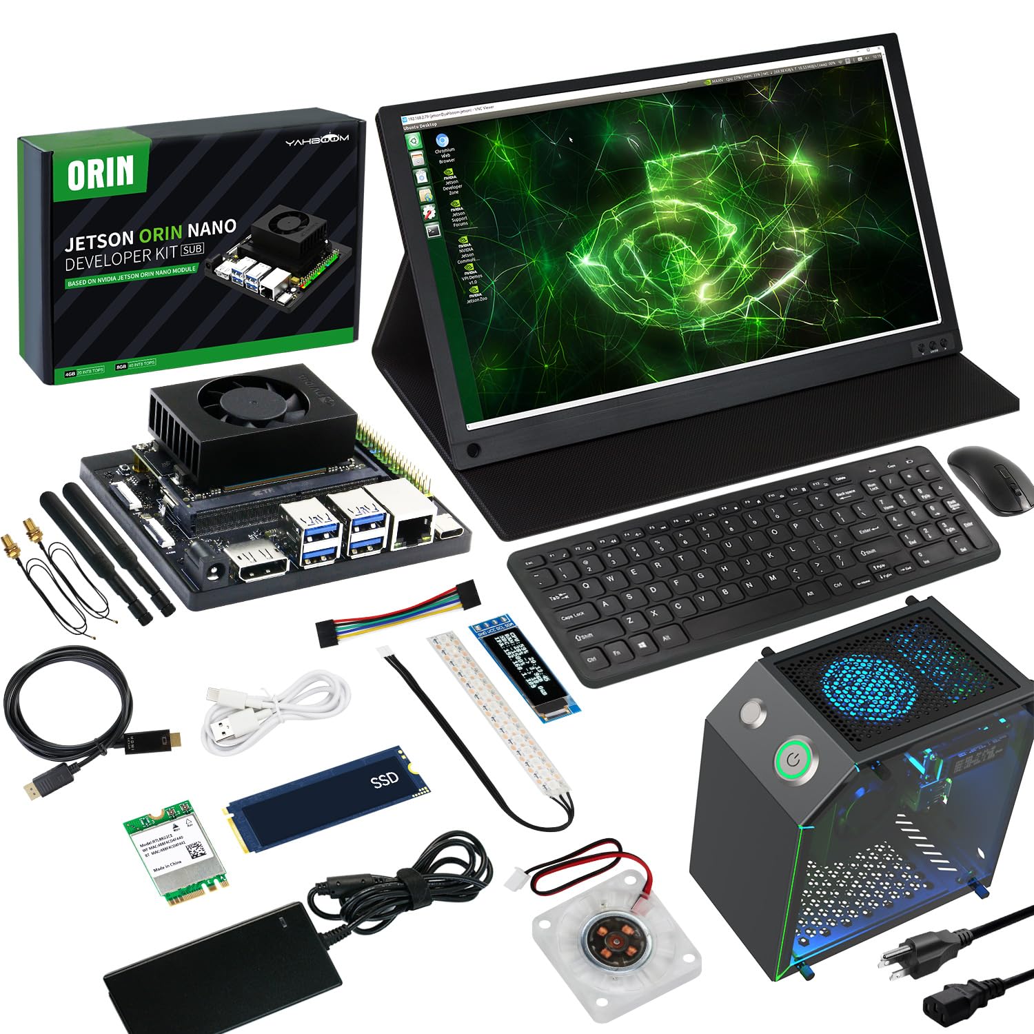 ربات‌های هوش مصنوعی توسعه‌دهنده Jetson Orin Nano SUPER 8GB، SSD 256 گیگابایتی + صفحه لمسی 15.6 + قاب جتسون + دوربین USB + صفحه‌کلید و ماوس بی‌سیم (کیت 8 گیگابایتی Orin Nano ULT)