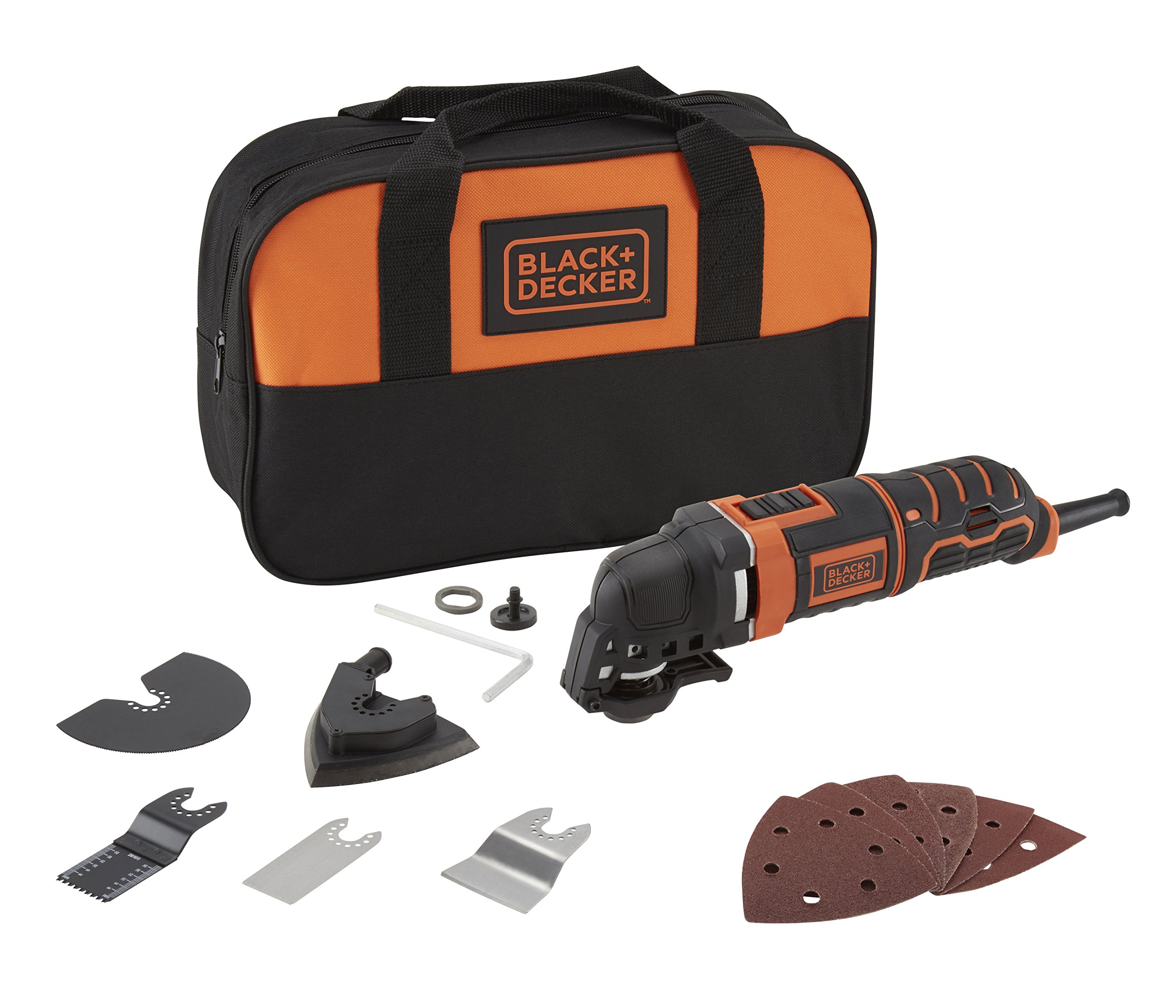 چند ابزار Black+Decker MT300SA2 (300 وات، با سیستم آزادسازی سریع Super-Lok، برای اره کردن، سنباده زدن و پر کردن، طراحی ارگونومیک دسته، گردگیری، مجموعه لوازم جانبی 12 تکه)