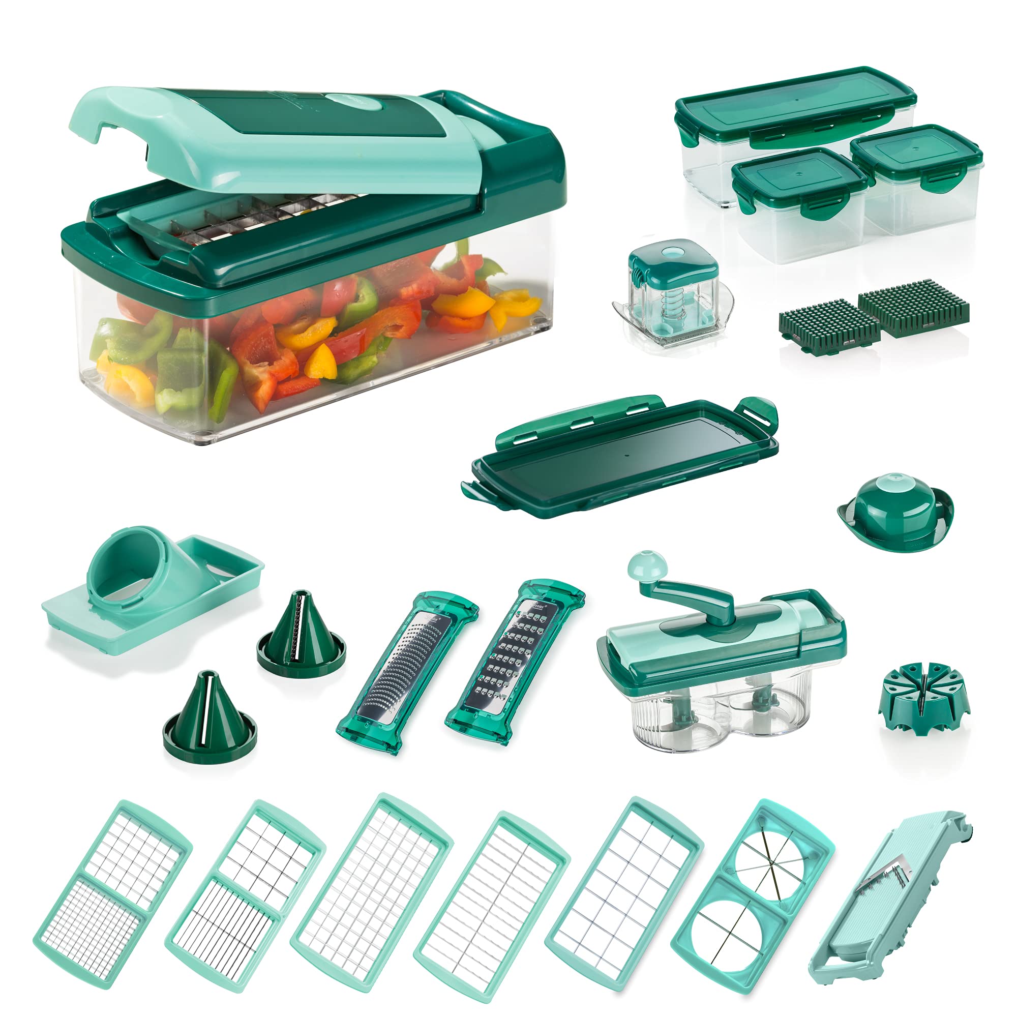 مجموعه هوشمند Genius Nicer Dicer Fusion (34 قطعه) شامل برش همه منظوره Twist، Slicer، Dicer، Julienne، Spiralizer، کاتر میوه و سبزیجات - ایده آل برای یک سبک زندگی سالم