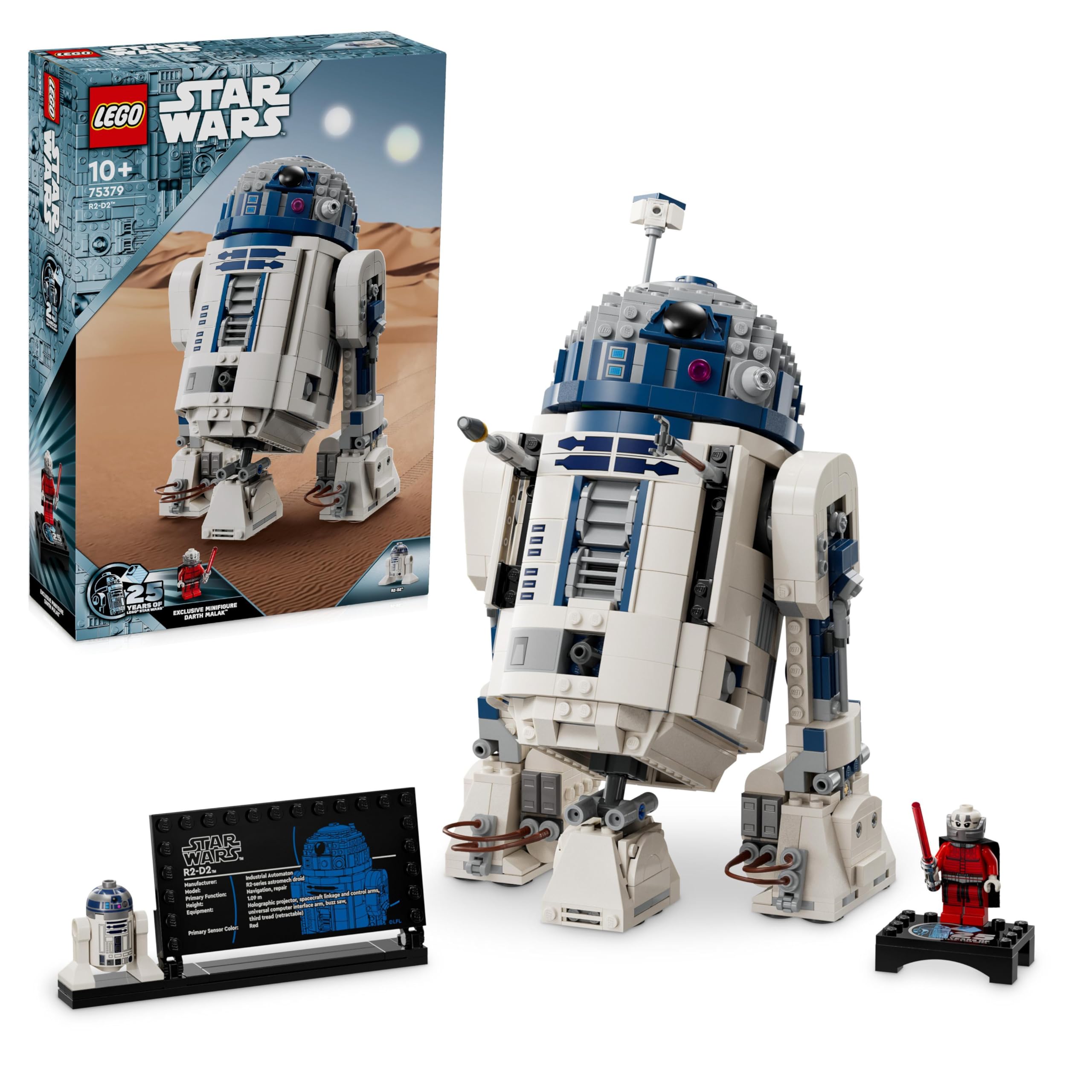 LEGO Star Wars R2-D2، مجموعه مدل برای کودکان، پسران و دختران، فیگور دروید اسباب بازی قابل ساخت با مینی فیگور و پلاک تزئینی Darth Malek 25th Anniversary، ایده هدیه کلکسیونی 75379