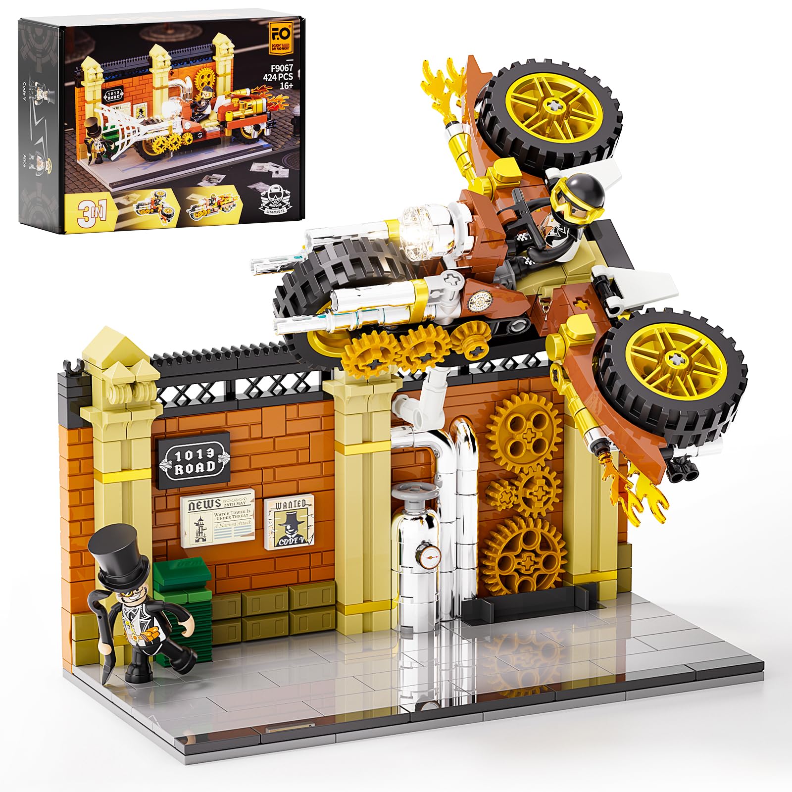 مجموعه بلوک های ساختمانی روشنایی FUNWHOLE Steampunk Chase – ست نمایشگر مجموعه نمایشگر Flying Motorcycle Toy 424 Pieces برای بزرگسالان و طرفداران Steampunk