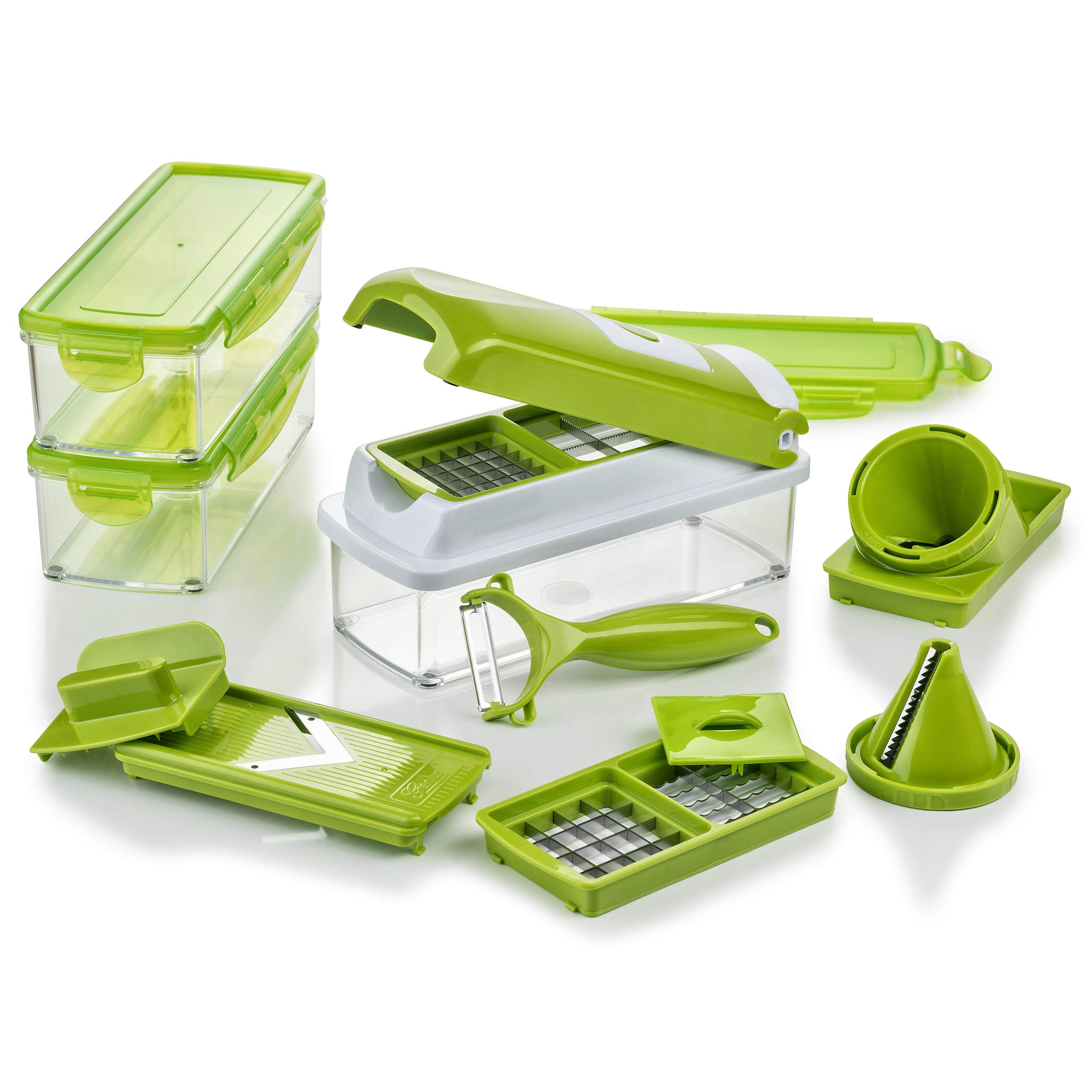 Genius Nicer Dicer Smart Julietti (16 قطعه) برش سبزیجات برش مارپیچ چند منظوره خردکن ماندولین برای برش، برش، برش، پوست کندن، جولین