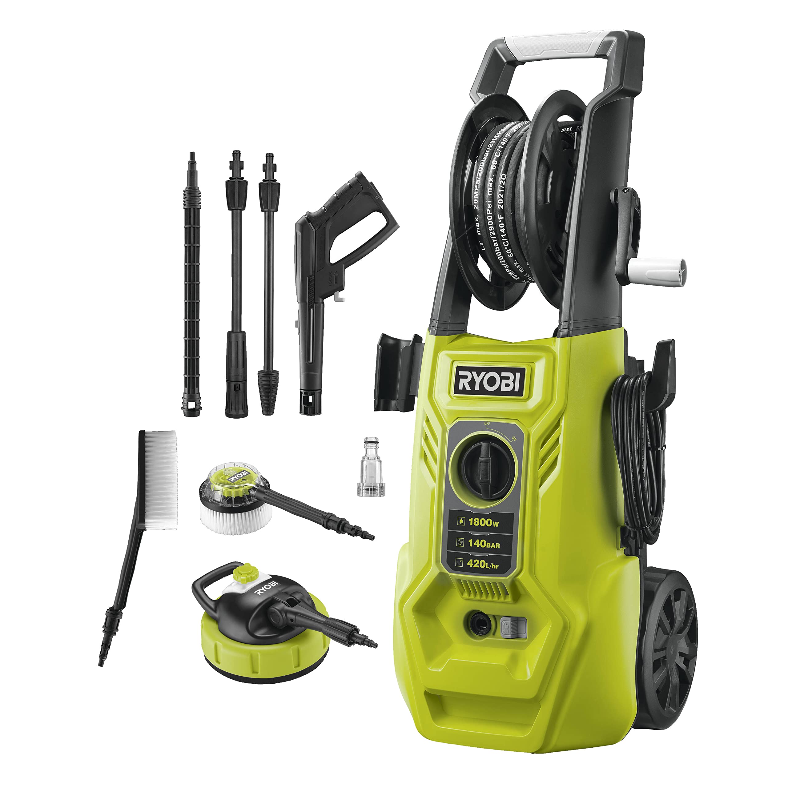 کارواش ریوبی ژاپن RYOBI 1800 W RY140PWA-P، فشار 140 بار، سرعت جریان 420 لیتر در ساعت، دمای آب 40 درجه، پمپ آلومینیومی، شیلنگ تقویت شده با فولاد 6 متر، کابل 5 متر، Vario و توربو لانس، تمیز کننده سطح، 2x برس