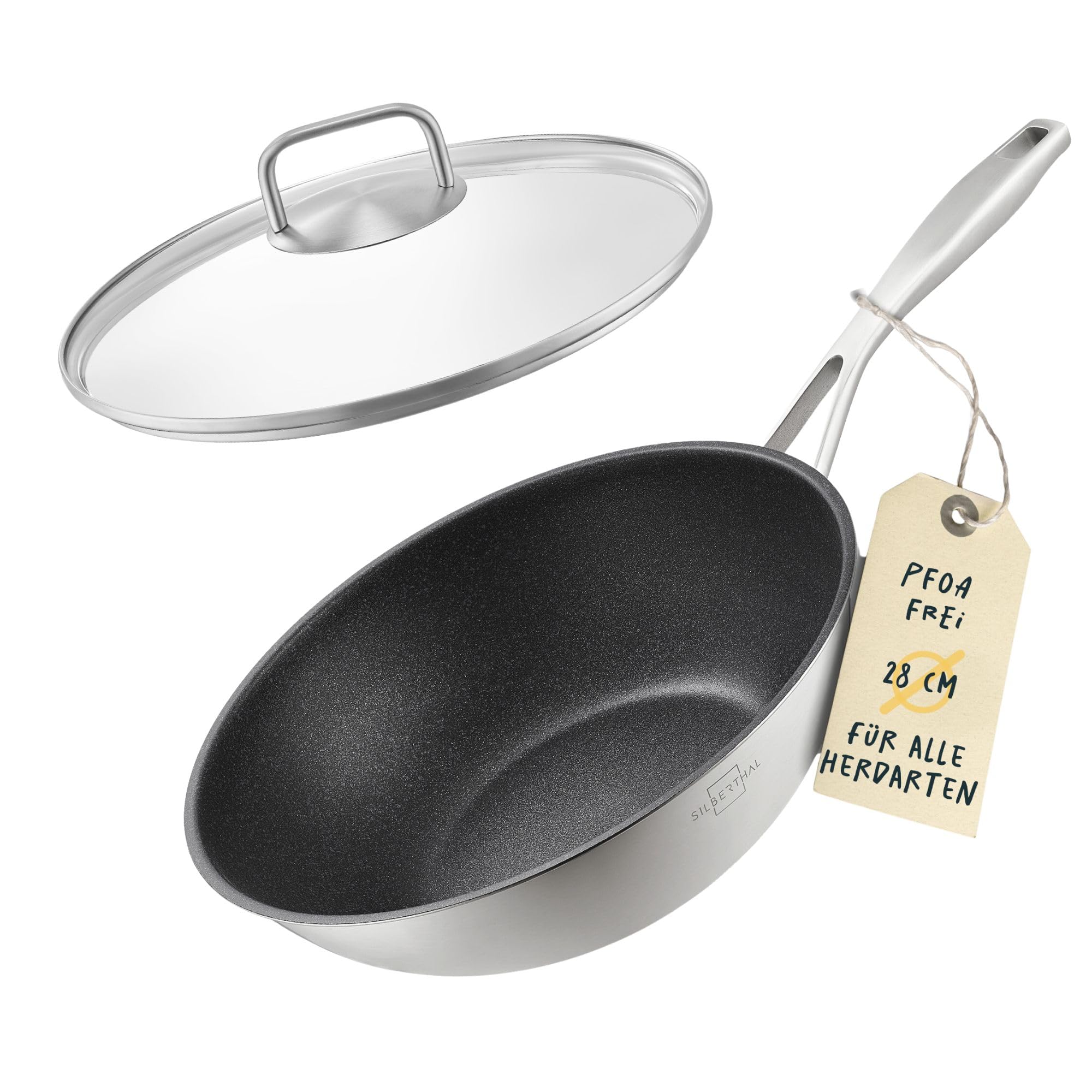 ماهیتابه وک سیلبرتال آلمان با درب، روکش‌دار، سازگار با القایی، 28 سانتی‌متر - وک استیل ضد زنگ برای سرخ کردن عمیق و سرخ کردن - مناسب برای انواع اجاق گاز - قابل استفاده در فر تا دمای 250 درجه سانتیگراد، روکش‌دار با درب، 28 سانتی‌متر