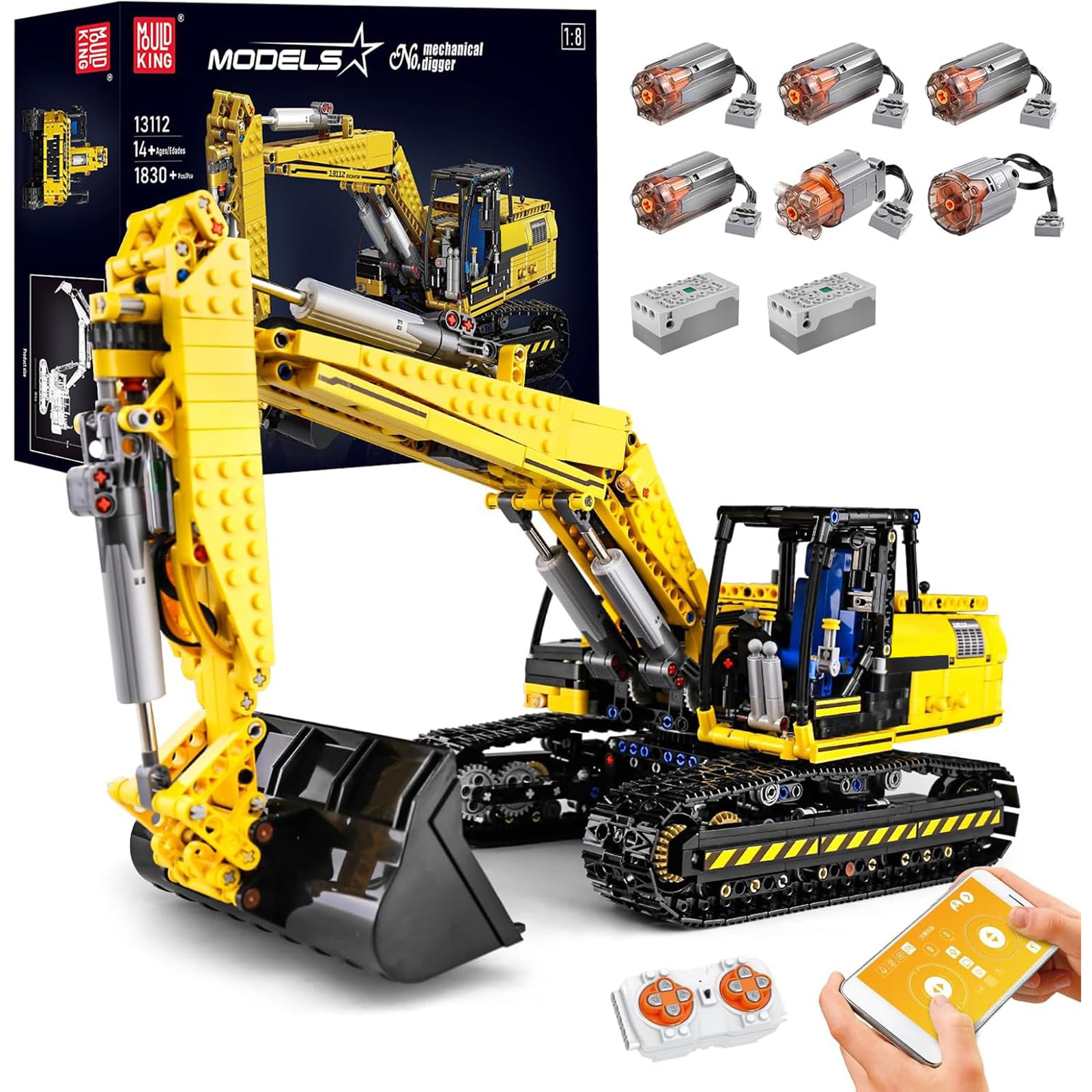 کیت بیل مکانیکی با کنترل از راه دور فناوری Mold King، 1830 Building Blocks APP 4CH Crawler Excavator Engineering Vehicle Vehicle with Motors and Remote Control سازگار با بیل مکانیکی