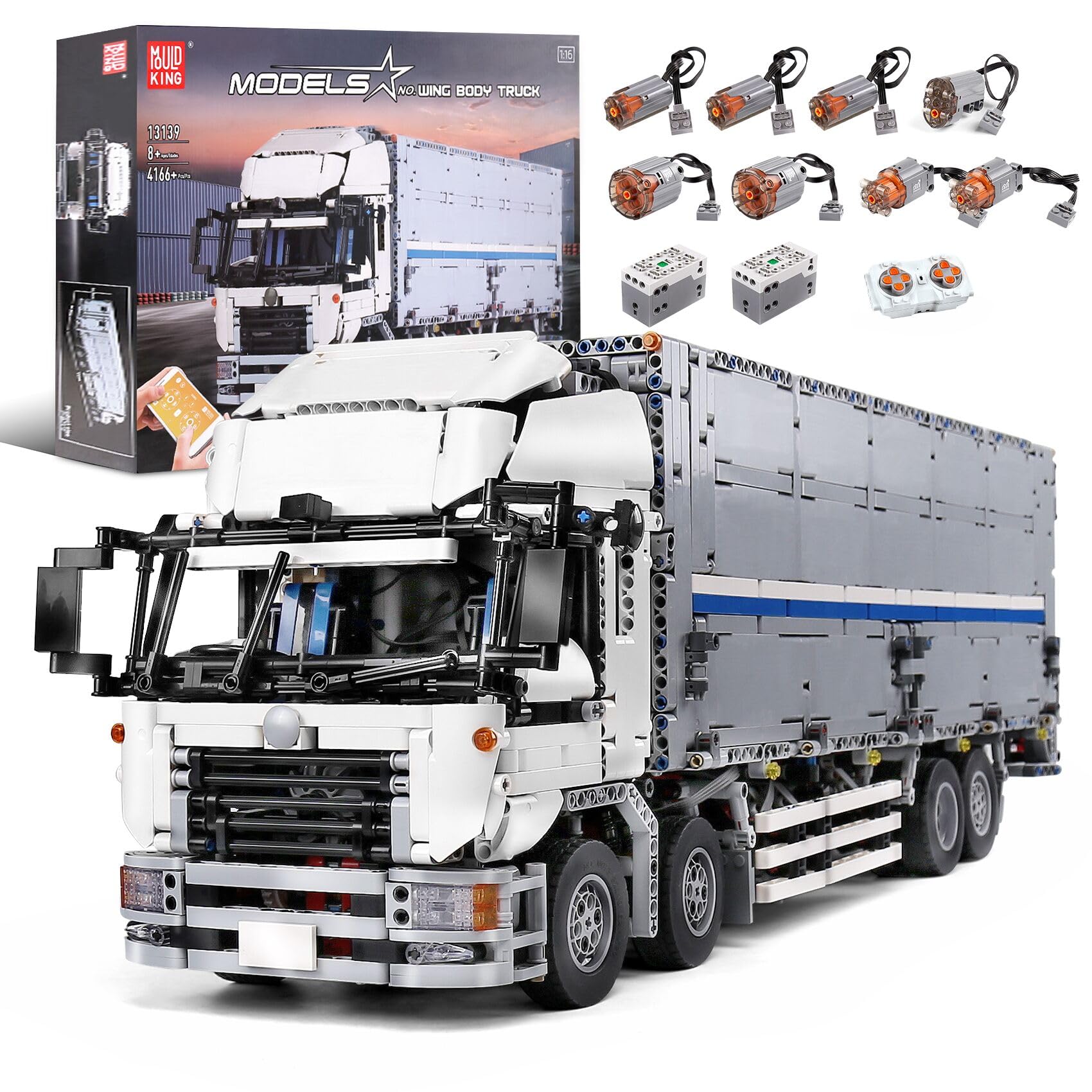 Mould King 13139 Remote Control and App Dual Control Mobile Wing Buoy Truck، بلوک ساختمانی مدل کامیون کانتینری با 8 موتور، سازگار با کامیون ساخت بال فناوری