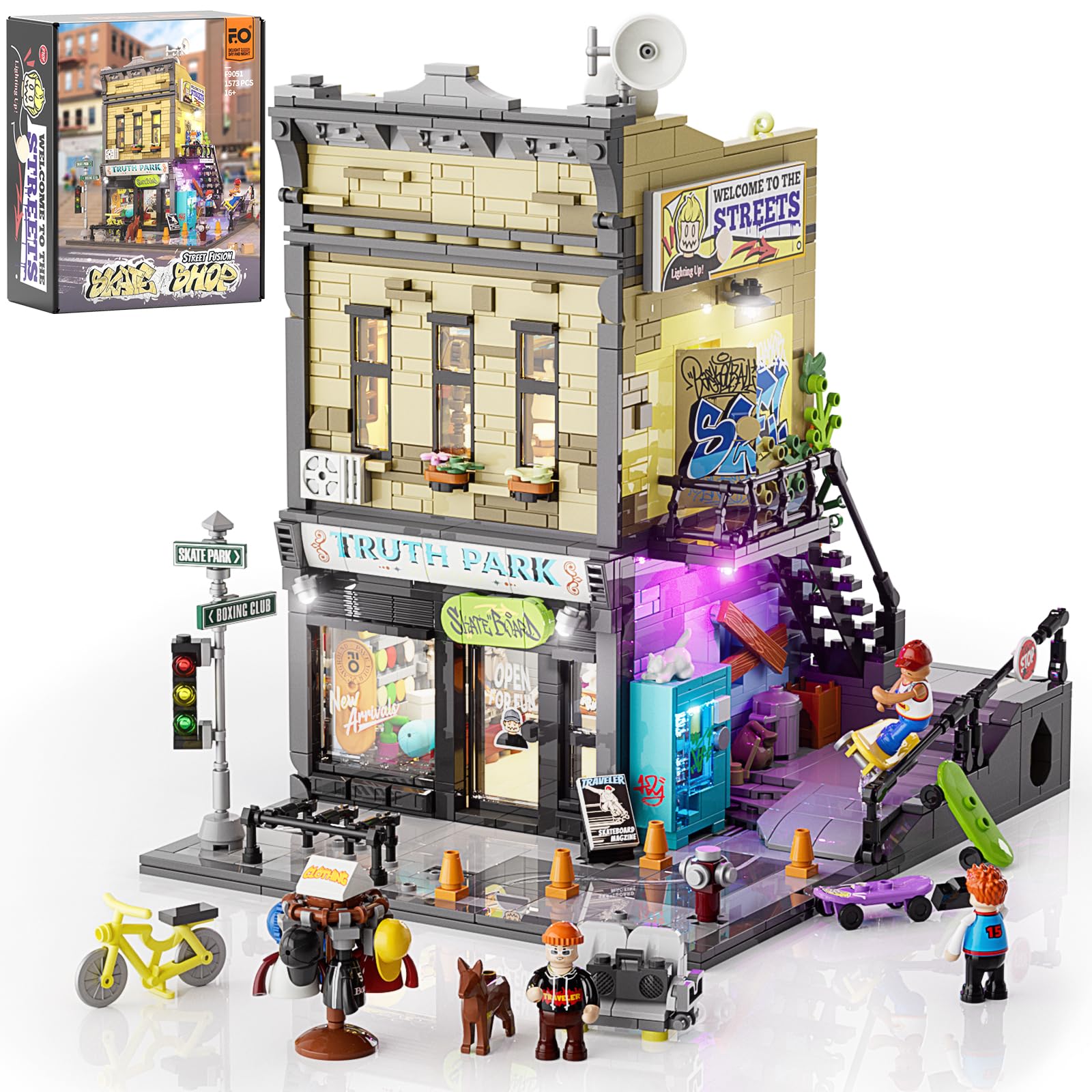 ست بلوک های ساختمانی فروشگاه اسکیت FUNWHOLE با نور LED، بلوک های ساختمانی 1573 عددی استریت فیوژن مدل بلوک های در هم تنیده اسباب بازی های بزرگسال و نوجوان