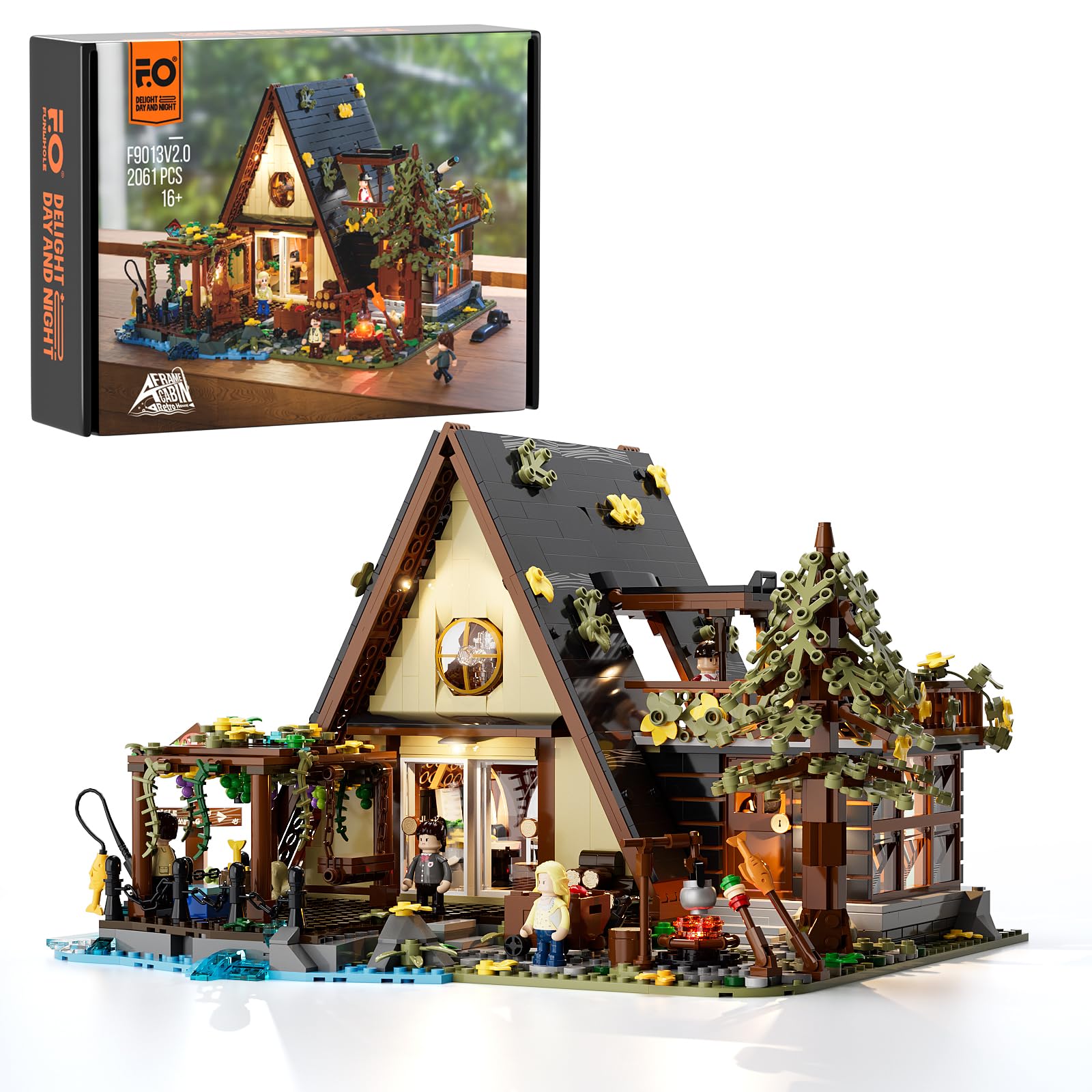 مجموعه ساختمانی روشنایی کابین FUNWHOLE A-Frame - مجموعه بلوک های ساختمانی کلبه چوبی رترو 2061 عدد خانه تعطیلات جنگلی در هم تنیده بلوک های ساختمانی اسباب بازی های خانه برای بزرگسالان و نوجوانان
