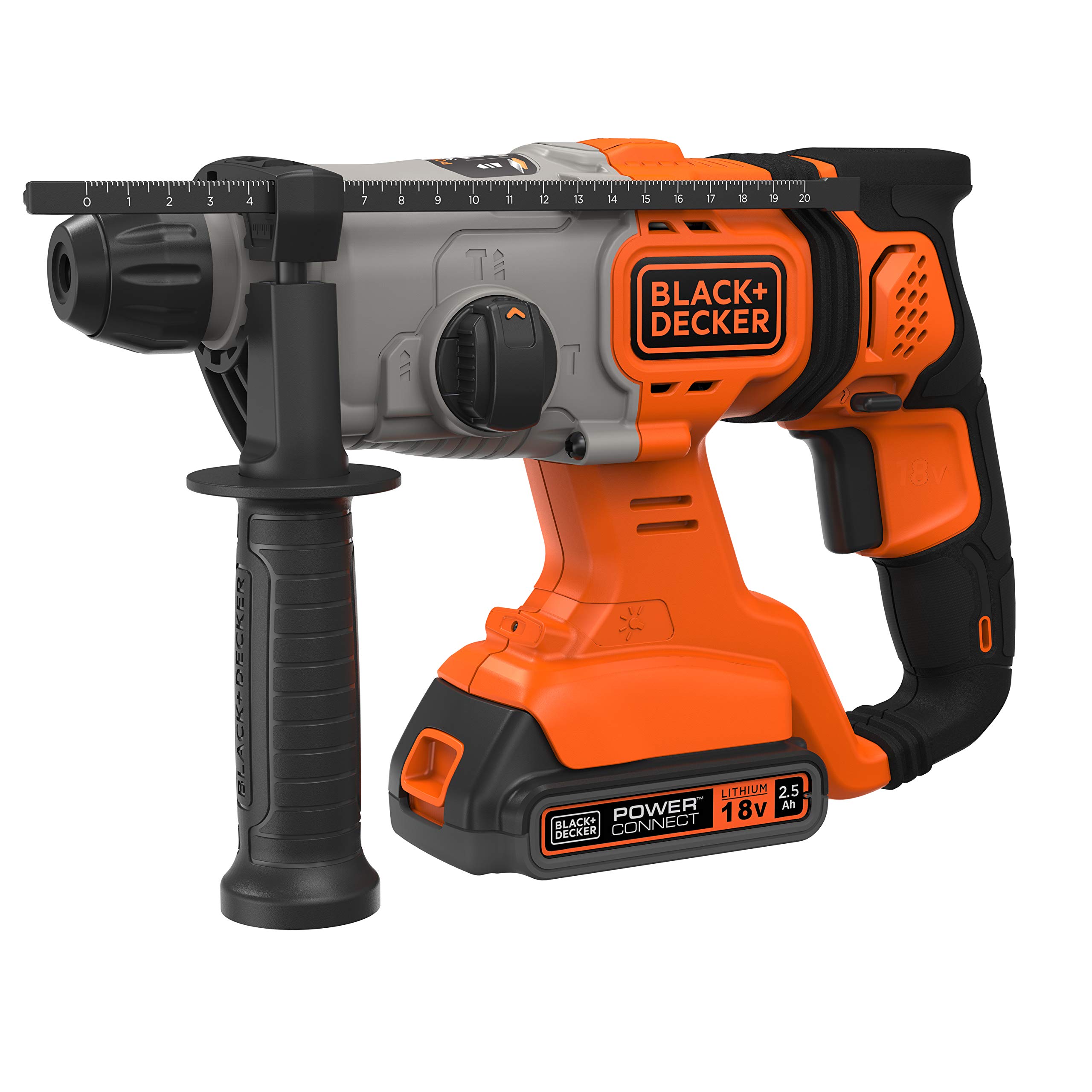 دریل چکشی بی سیم BLACK+DECKER 18 V SDS-Plus، باتری های لیتیوم یونی 2.5 Ah، انرژی ضربه ای قدرتمند 1.2 J، جعبه کیت، BCD900E2K-QW