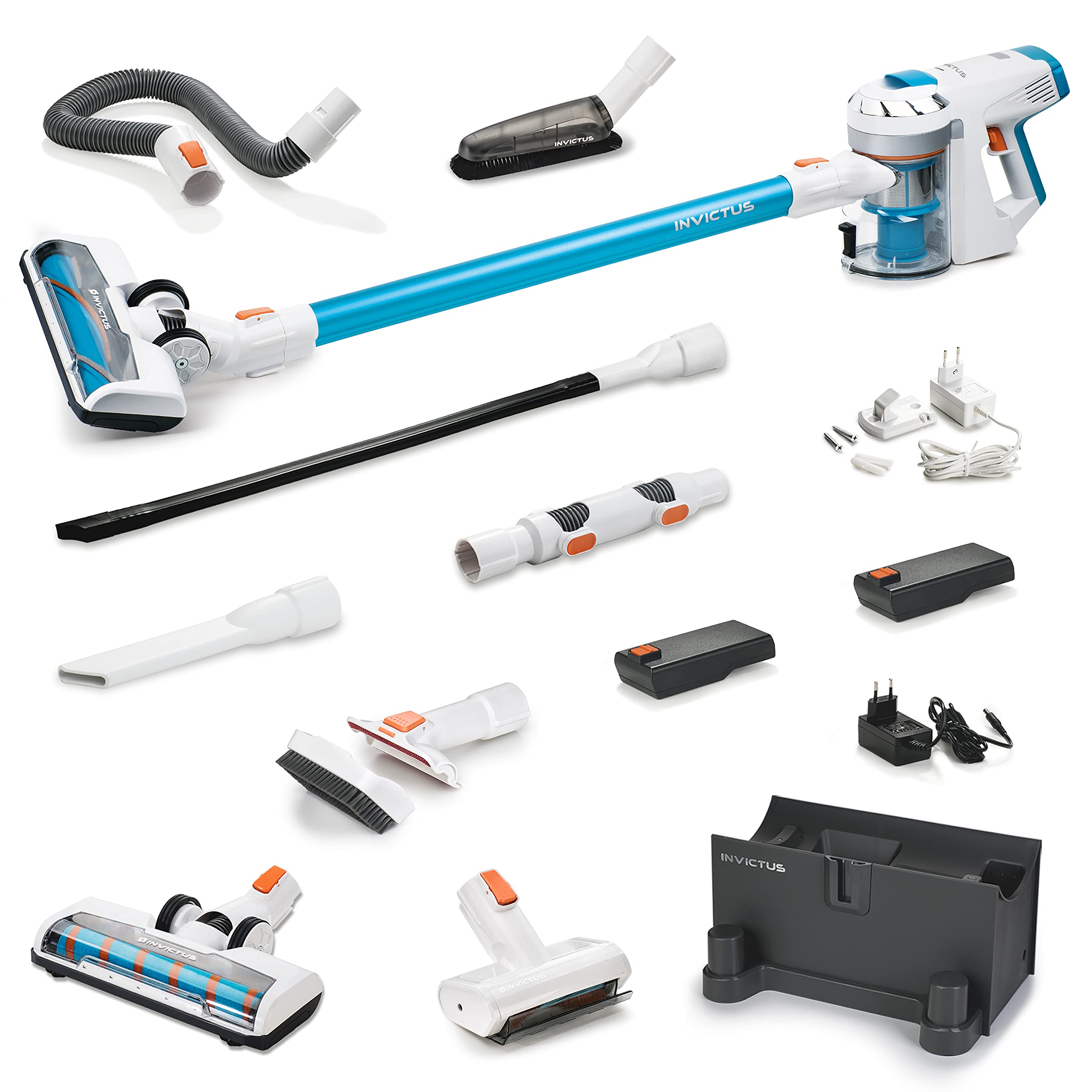 جارو شارژی دستی Genius Invictus X7 23 تکه، جارو شارژی با برس مینی برقی، بی سیم، بدون کیسه، 380 وات، عمر باتری تا 30 دقیقه، سیستم فیلتر سه گانه، ایستگاه ذخیره سازی