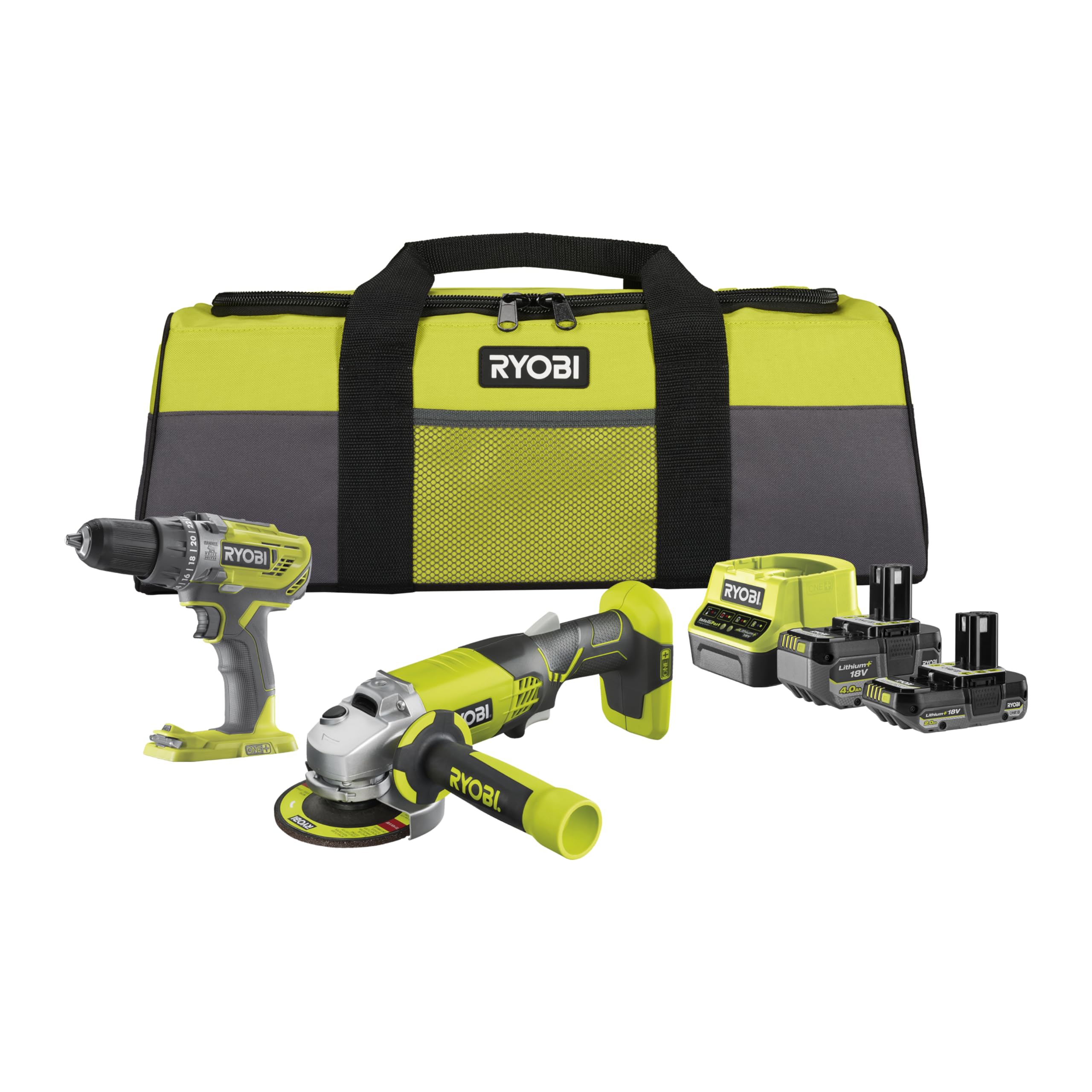 RYOBI 18 V ONE + 6 تکه کیت ترکیبی شارژی RCK182O-242SZL، مته ضربه ای، آسیاب زاویه ای، باتری 2x (4.0Ah و 2.0Ah)، شارژر، کیف ابزار