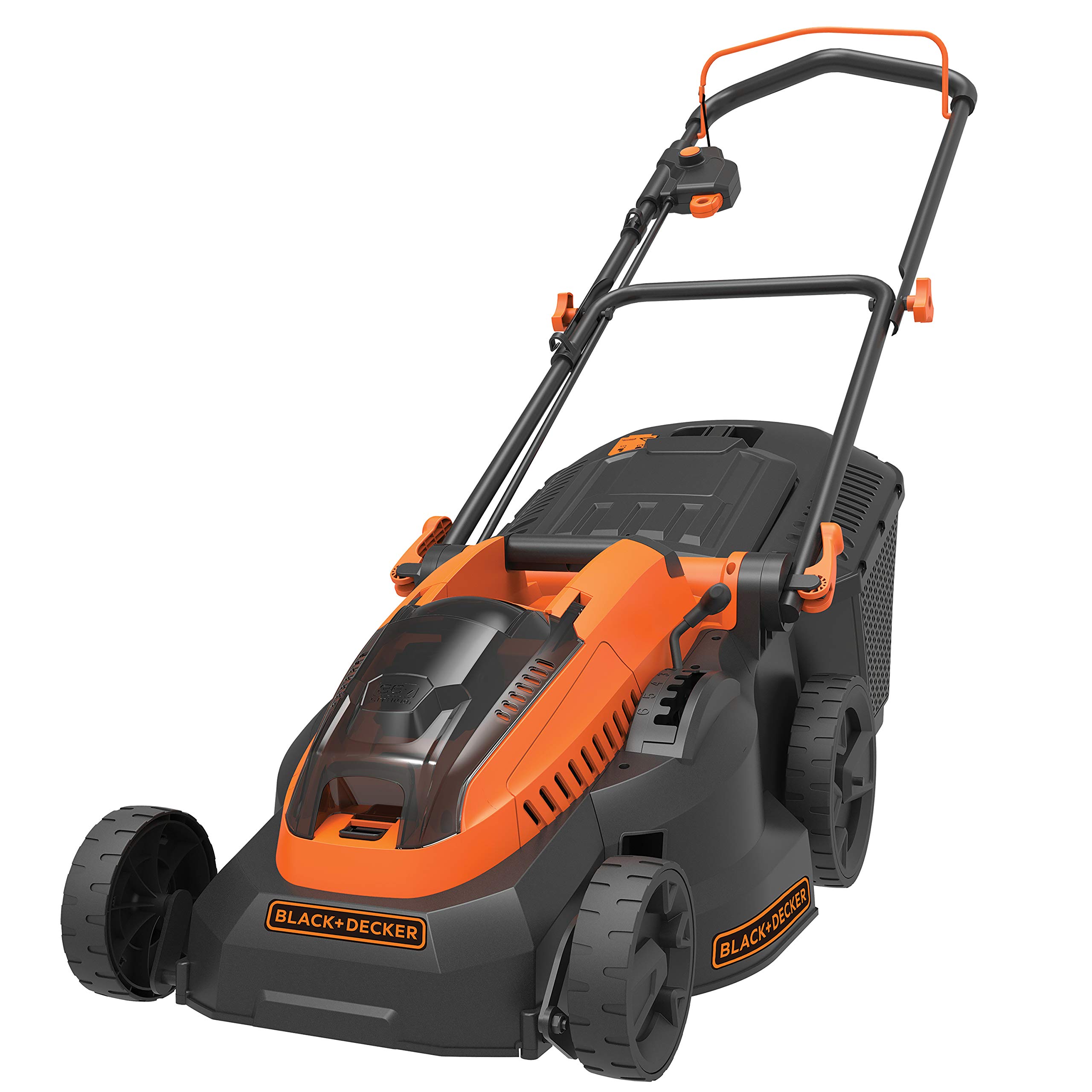 چمن زنی شارژی Black+Decker CLM3825L2 (36 ولت، 2.5 آمپر ساعت، عرض برش 38 سانتی متر، برای چمن های بزرگ تا 600 متر مربع، تنظیم ارتفاع در 6 جهت، شامل 2 باتری، شارژر، علف گیر 35 لیتری)
