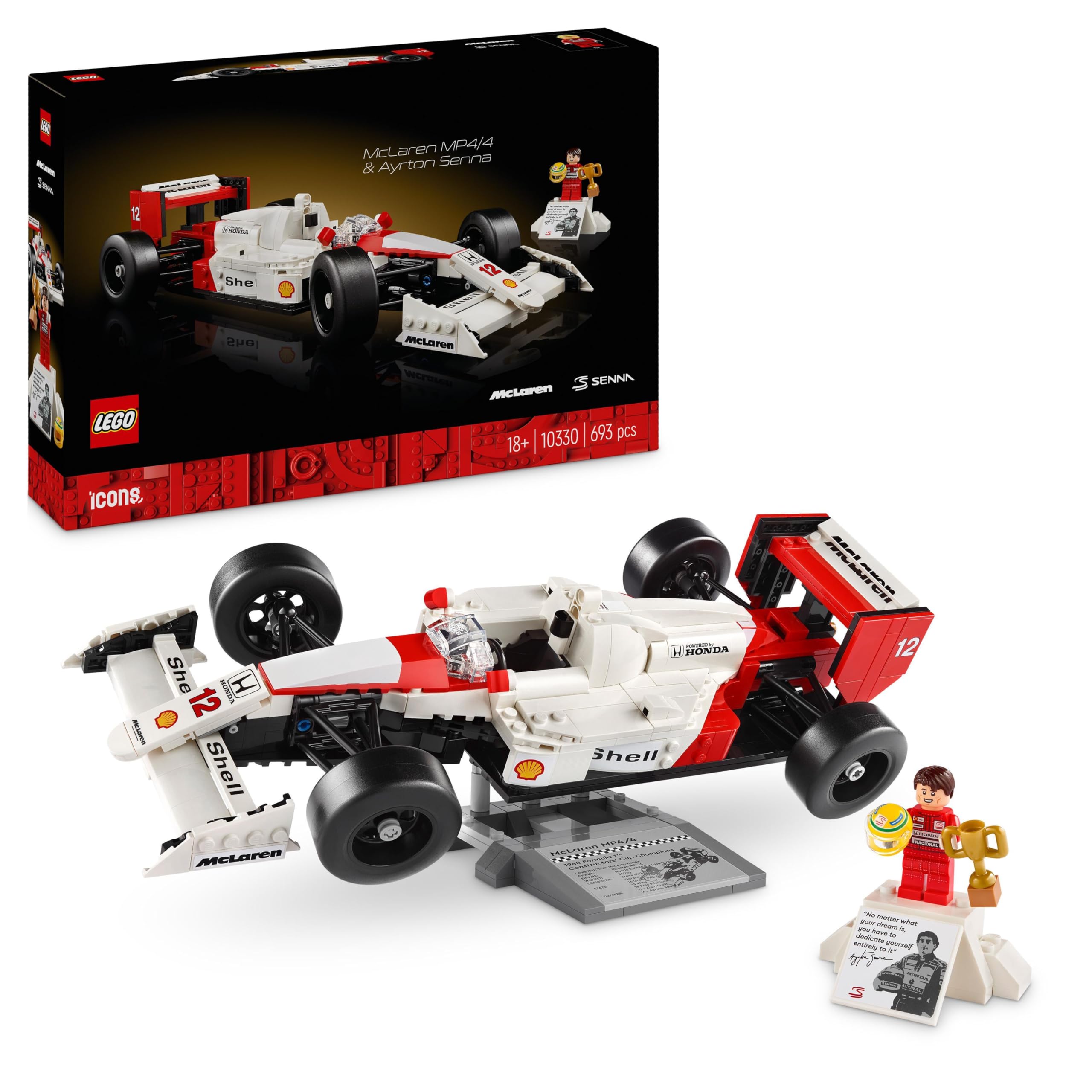 LEGO Icons McLaren MP4/4 & Ayrton Senna Model set car, F1 Racing Car Kit برای بزرگسالان با راننده مسابقه مینی فیگور، کلکسیونی، ایده هدیه تولد برای مردان، زنان، او و او 10330