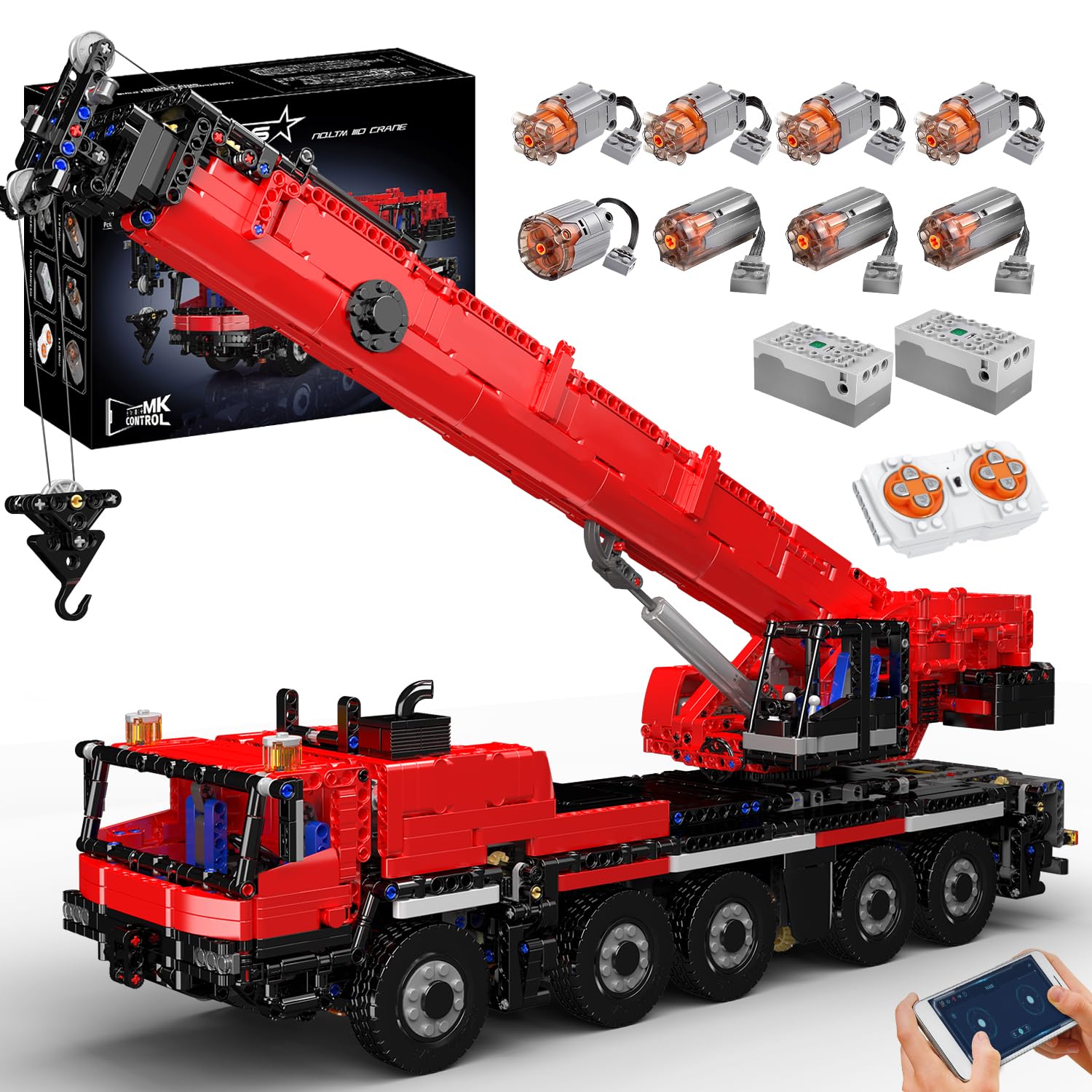 بلوک های ساختمانی جرثقیل یدک کش Mold King Technic مدل بلوک های ساختمانی کامیون 3218 قطعه کیت مونتاژ Wrecker ریموت کنترل پنوماتیک جرثقیل کامیون بزرگسال و نوجوان (قرمز)