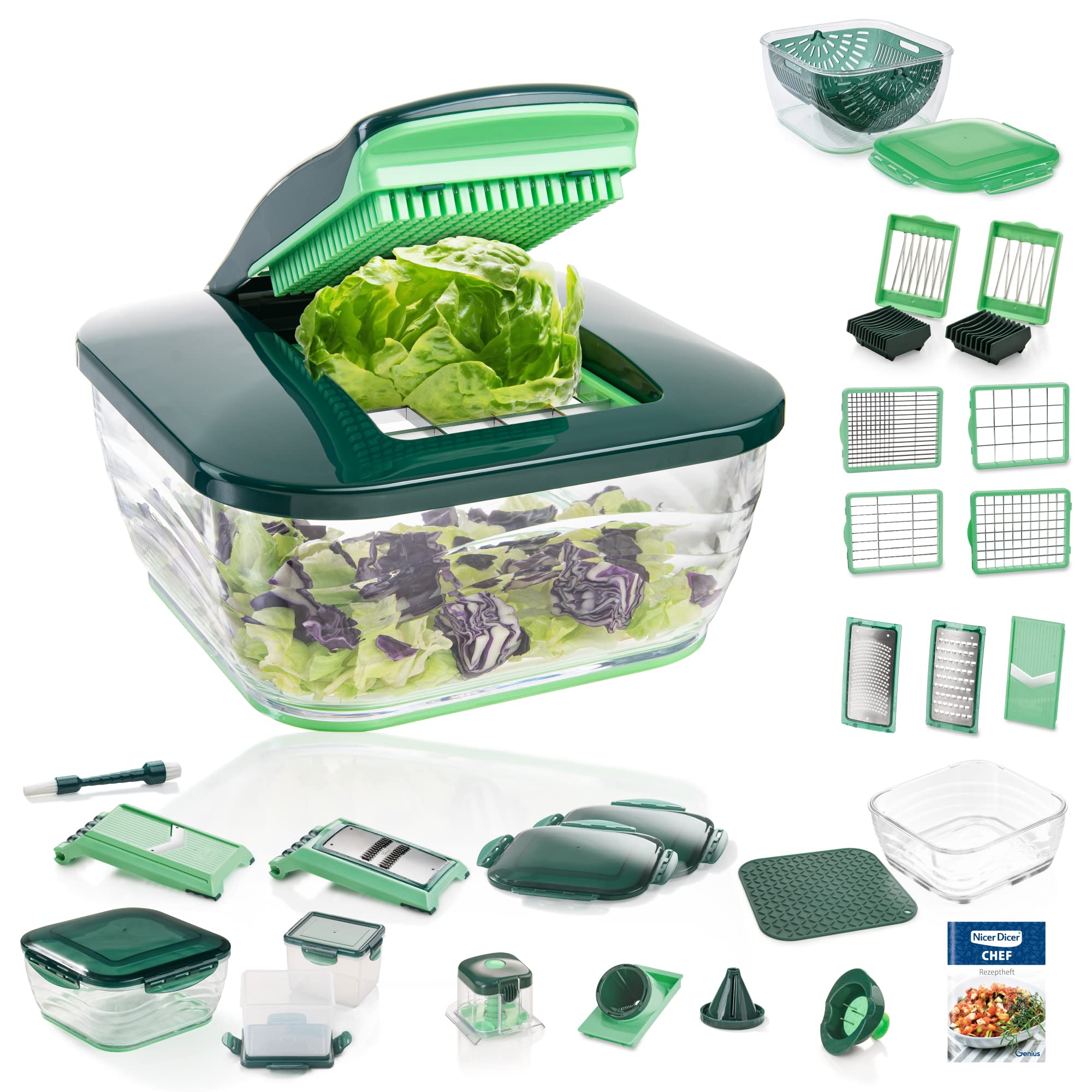 ست 37 تکه Genius Nicer Dicer Chef Deluxe XXL با کاسه شیشه ای، کاسه گوجه فرنگی و سبزیجات و کاسه الک 3 در 1 - خردکن، کاتر پیاز، کاتر سرخ کردنی، سبز