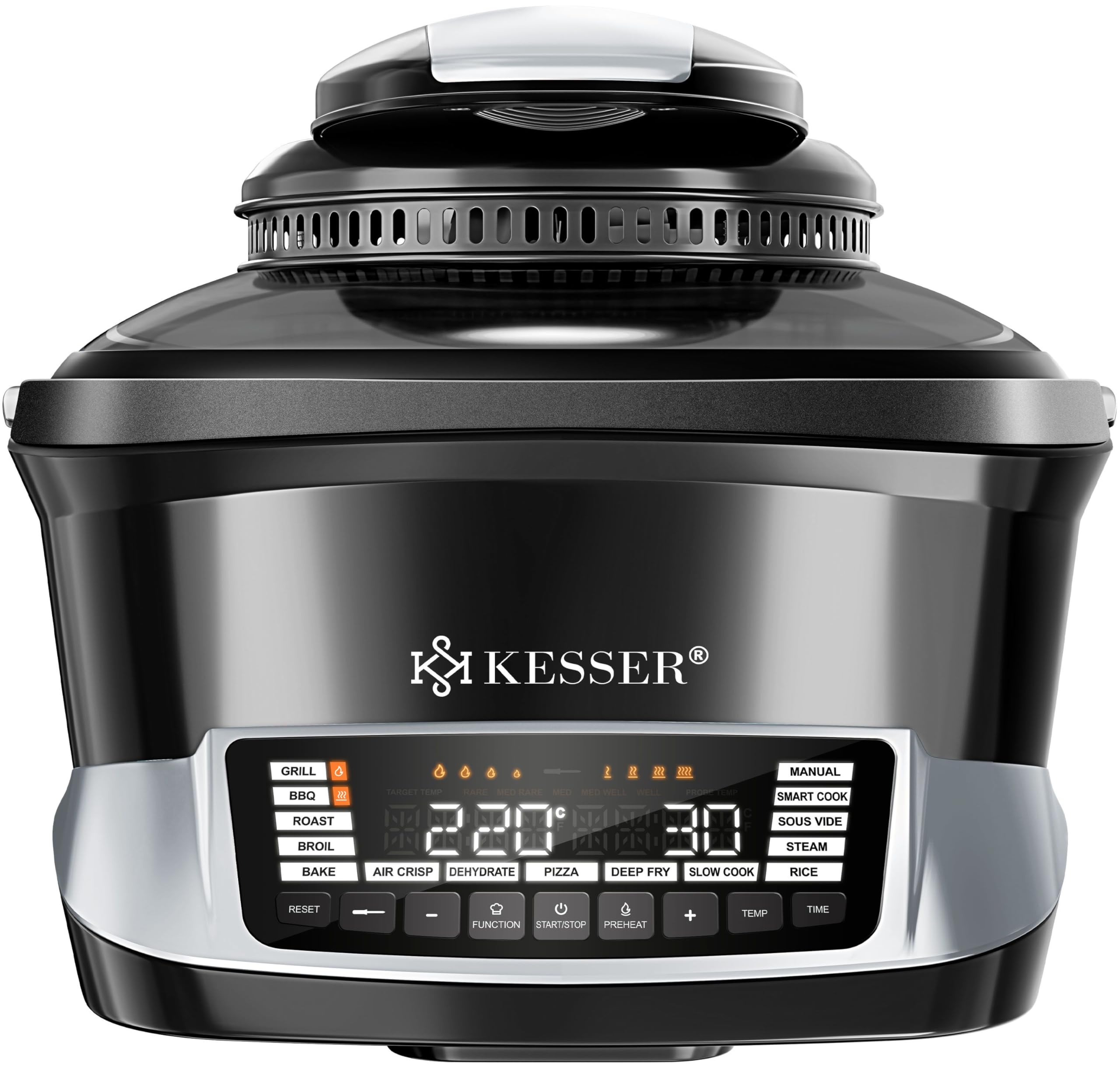 پلوپز چندکاره KESSER® با سرخ‌کن هوای گرم ۸ لیتری و ۱۶ برنامه - لوازم آشپزخانه - کباب کردن، پخت، آب‌پز کردن، بخارپز کردن - عملکرد پیش‌گرمایش و گرم نگه‌داشتن - پلوپز زودپز - آرام‌پز، ماست‌ساز نقره‌ای