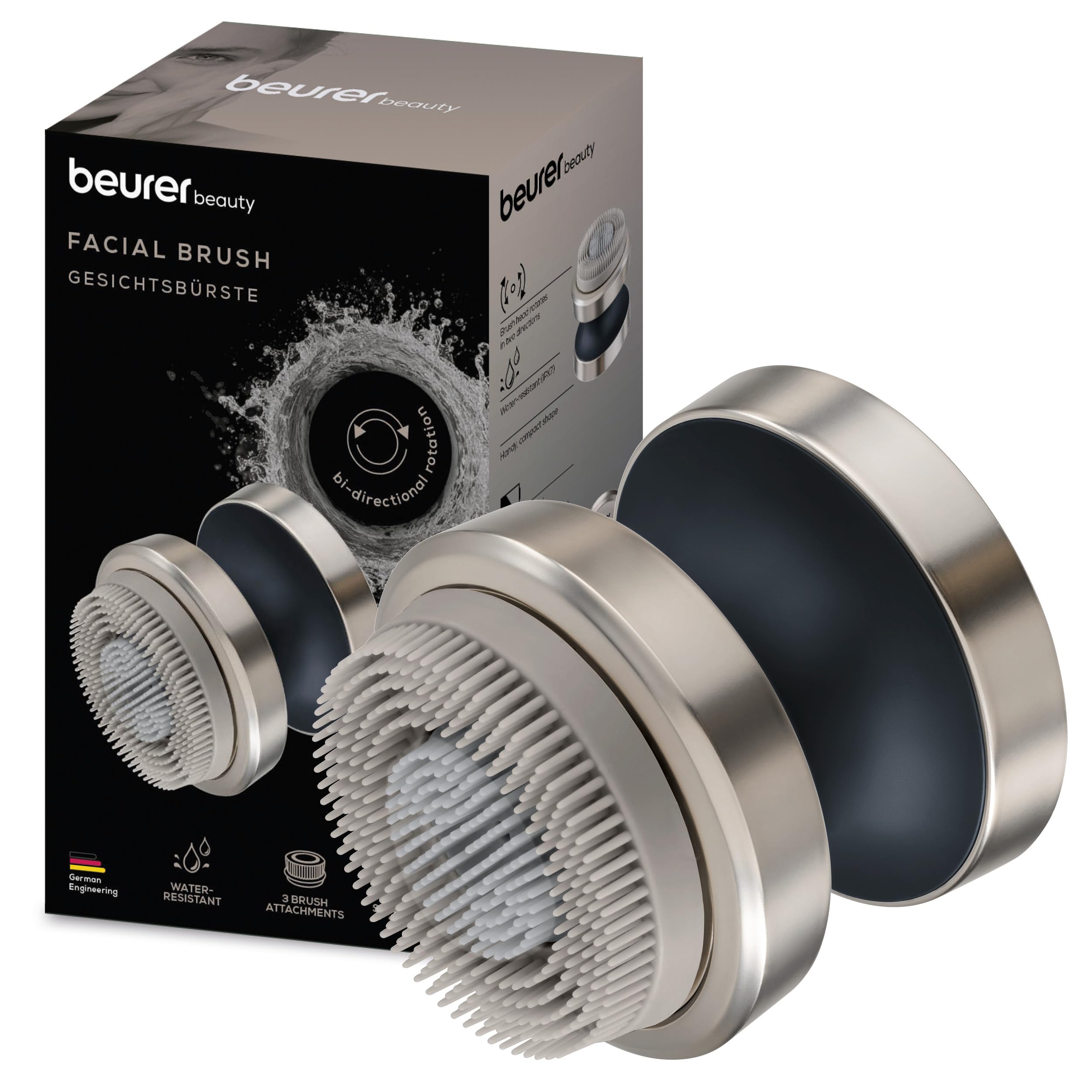 برس صورت برقی دوگانه Beurer FC 59 برای پاکسازی عمیق منافذ، ۳ سری (سیلیکون، حساس، لایه بردار)، ۲ سطح شدت، ضد آب، دارای باتری، دستگاه مراقبت از صورت برای انواع پوست