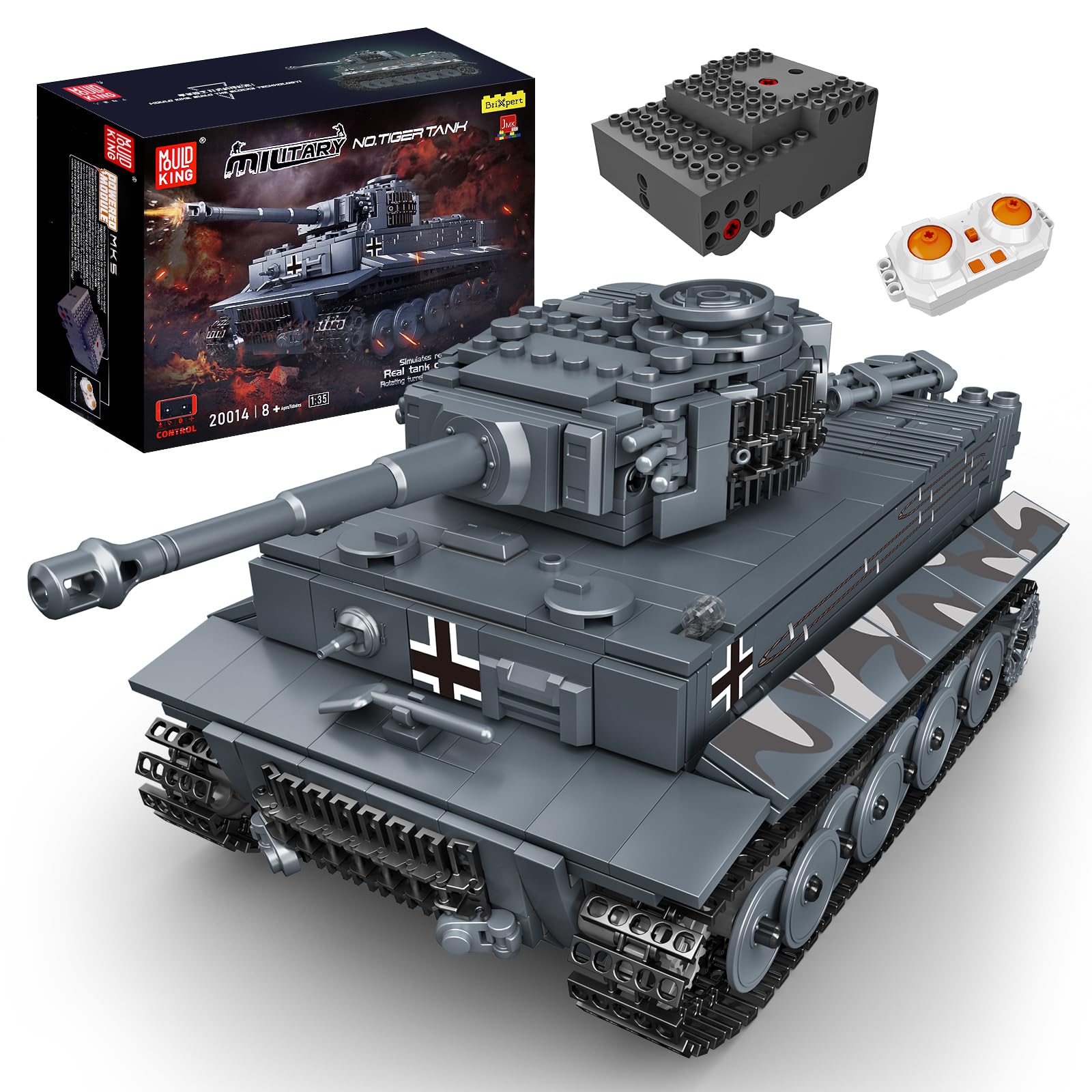 Mold King 20014 Technic Tiger Tank Blocks Building Tank، مخزن کنترل از راه دور برای بزرگسالان و کودکان، کیت اسباب بازی تانک نظامی با کنترل از راه دور و برنامه کنترل دوگانه (800+ قطعه)