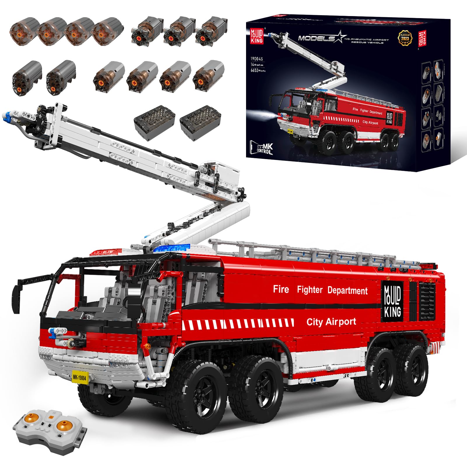 Mold King 19004 Technic Airport Rescue Vehicle Building Blocks Model, 6653 Pieces 6653 Pieces Fire Truck Airport with Remote Control and App Dual Control, Rescue Vehicle Truck Toy Kit