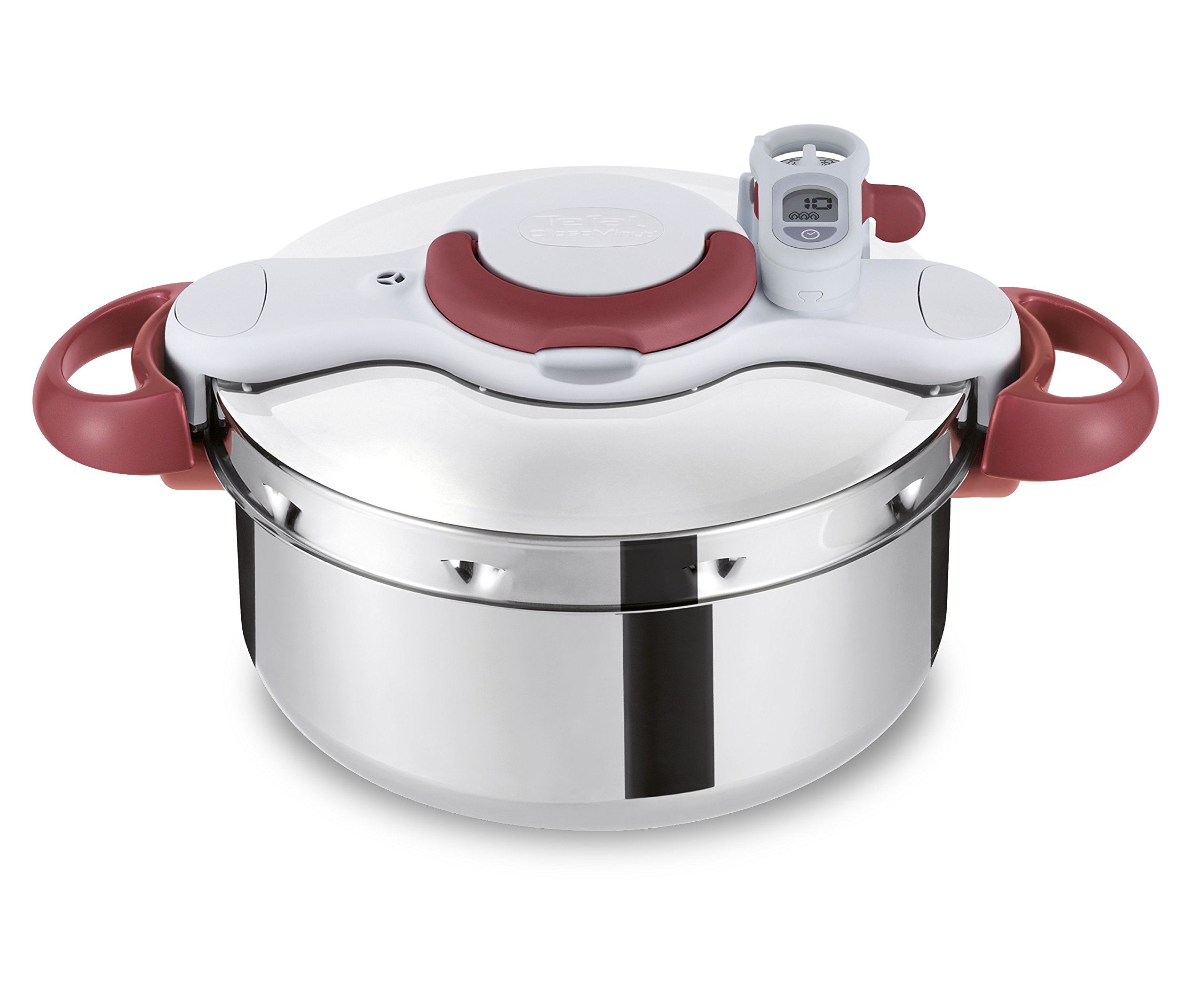 زودپز تفال Tefal Clipso Minut' Perfect القایی 6 لیتری، زودپز با سبد پخت و پز و تایمر، 37.4 x 28.5 x 24.6 سانتی متر، فولاد ضد زنگ/سفید/قرمز، P46207