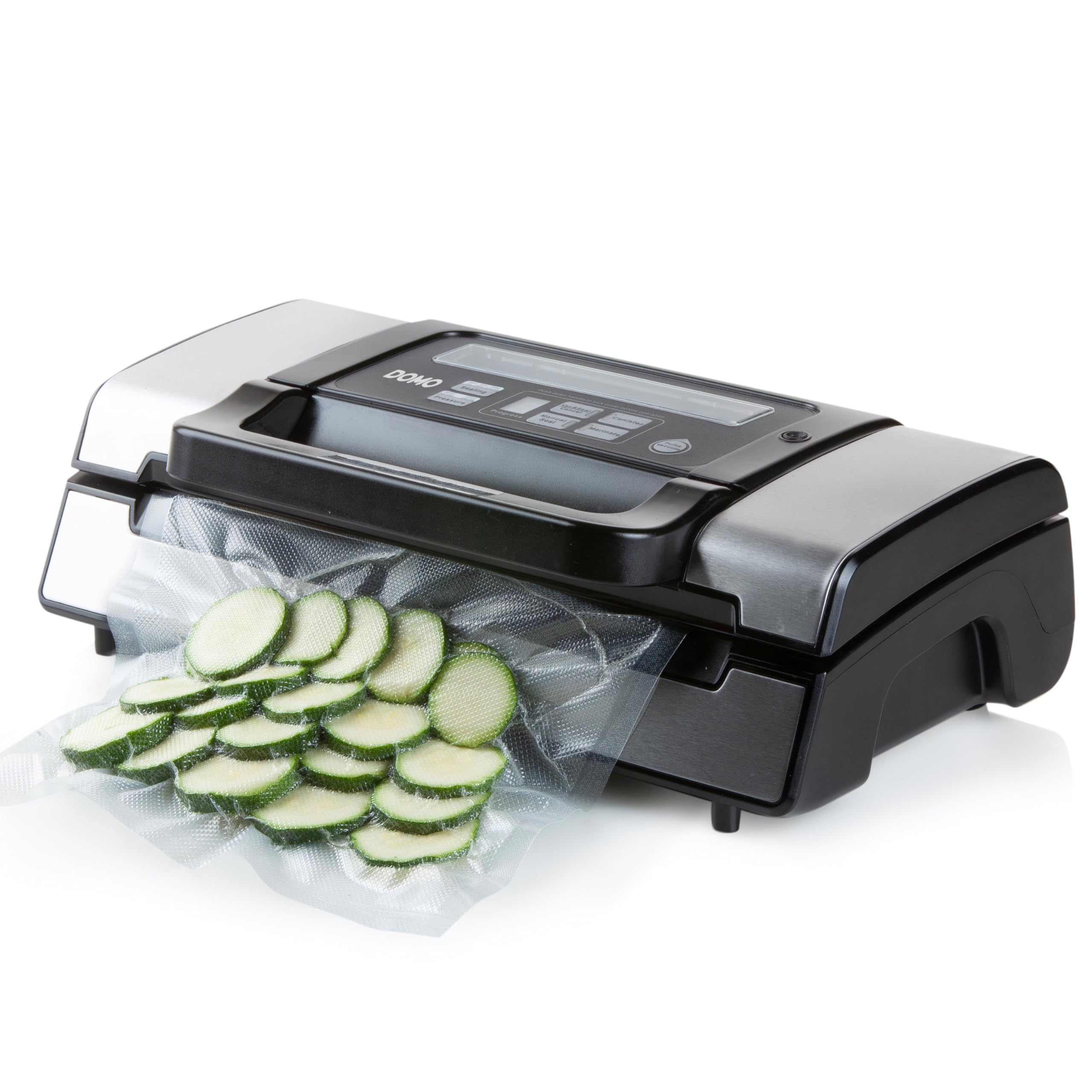 دستگاه سیل وکیوم DOMO DO331L شامل ۱ رول فیلم – سیل وکیوم تمام اتوماتیک با قابلیت مرینیت کردن – ایده‌آل برای Sous Vide، نگهداری و غذاهای حساس – ۱۳۰ وات – مشکی/نقره‌ای