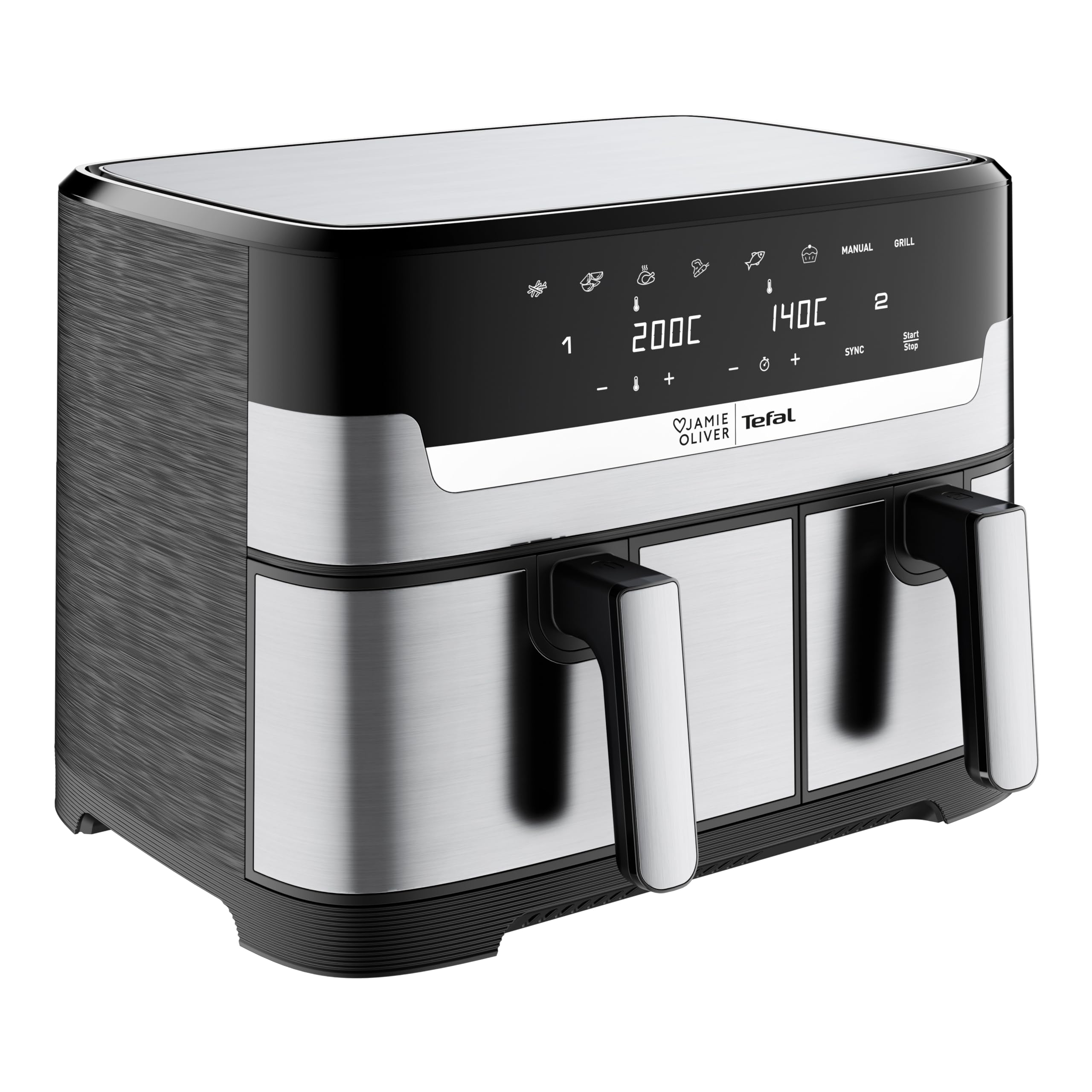 سرخ کن دو کشو جیمی الیور از برند تفال، دارای دو محفظه، ۲ منطقه پخت مستقل، ۸ برنامه پخت خودکار، ظرفیت کل ۸.۳ لیتر، مشکی/استیل ضد زنگ، EY90JDE1