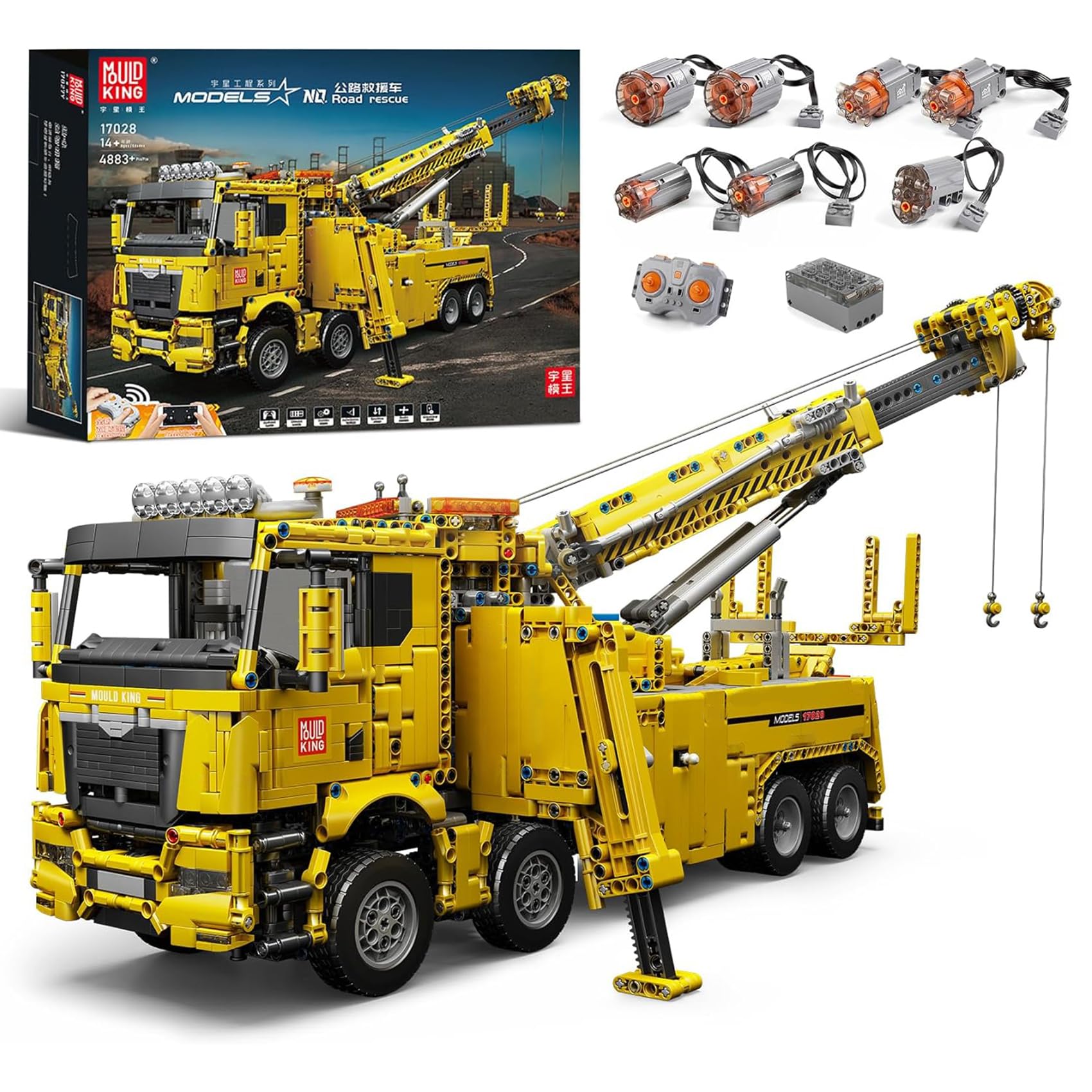 کیت ماشین آتش نشانی کامیون تکنیک Mold King 17028، مدل جرثقیل کامیون تکنیک با کنترل از راه دور ۴۸۸۳ قطعه، با ۷ موتور، کیت بلوک‌های ساختمانی فناوری، ماشین آتش نشانی