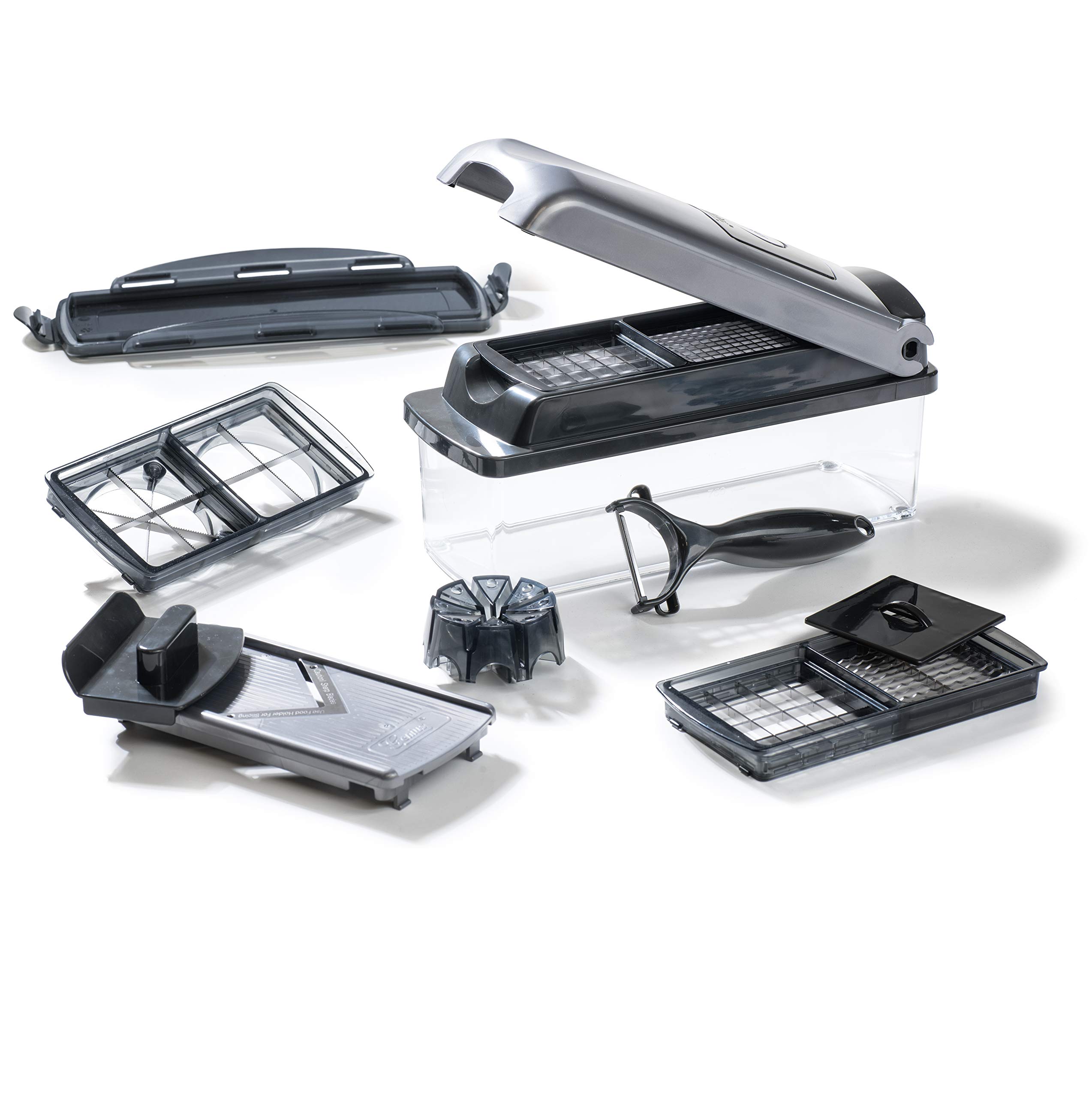 کاتر سبزیجات Genius Nicer Dicer Plus (12 عدد)، کاتر پیاز، کاتر سرخ کردنی، برش میوه، کاتر همه منظوره - برش/برش/برش/پوست کردن/نگهداری، A34141، نقره ای/مشکی