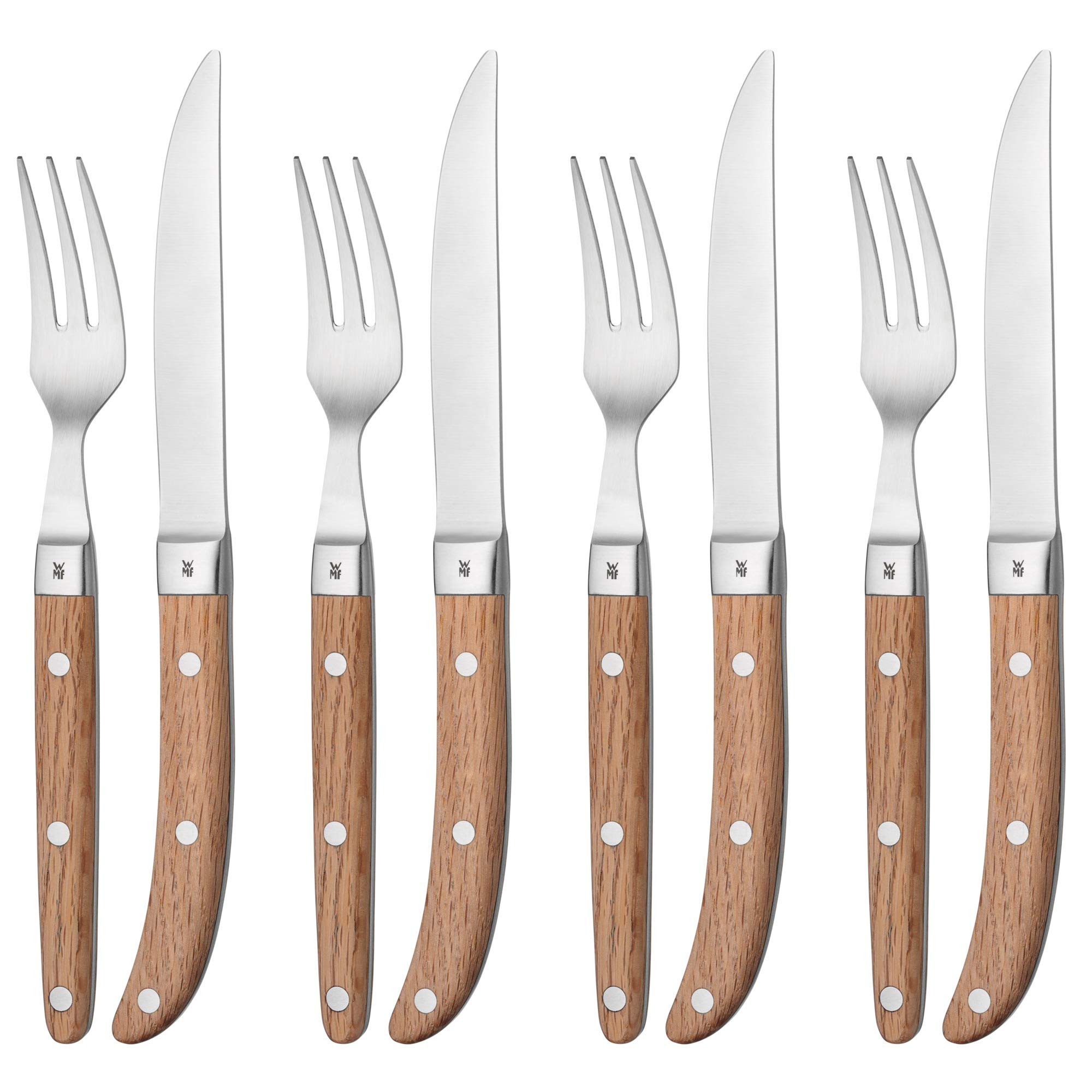 سرویس کارد و چنگال استیک وی ام اف آلمان WMF Ranch، 8 تکه، برای 4 نفر، چنگال استیک، چاقوی استیک، تیغه فولادی مخصوص آهنگری شده، استیل ضد زنگ Cromargan مات، چوب بلوط روغن کاری شده، سرویس 8 تکه، تک نفره