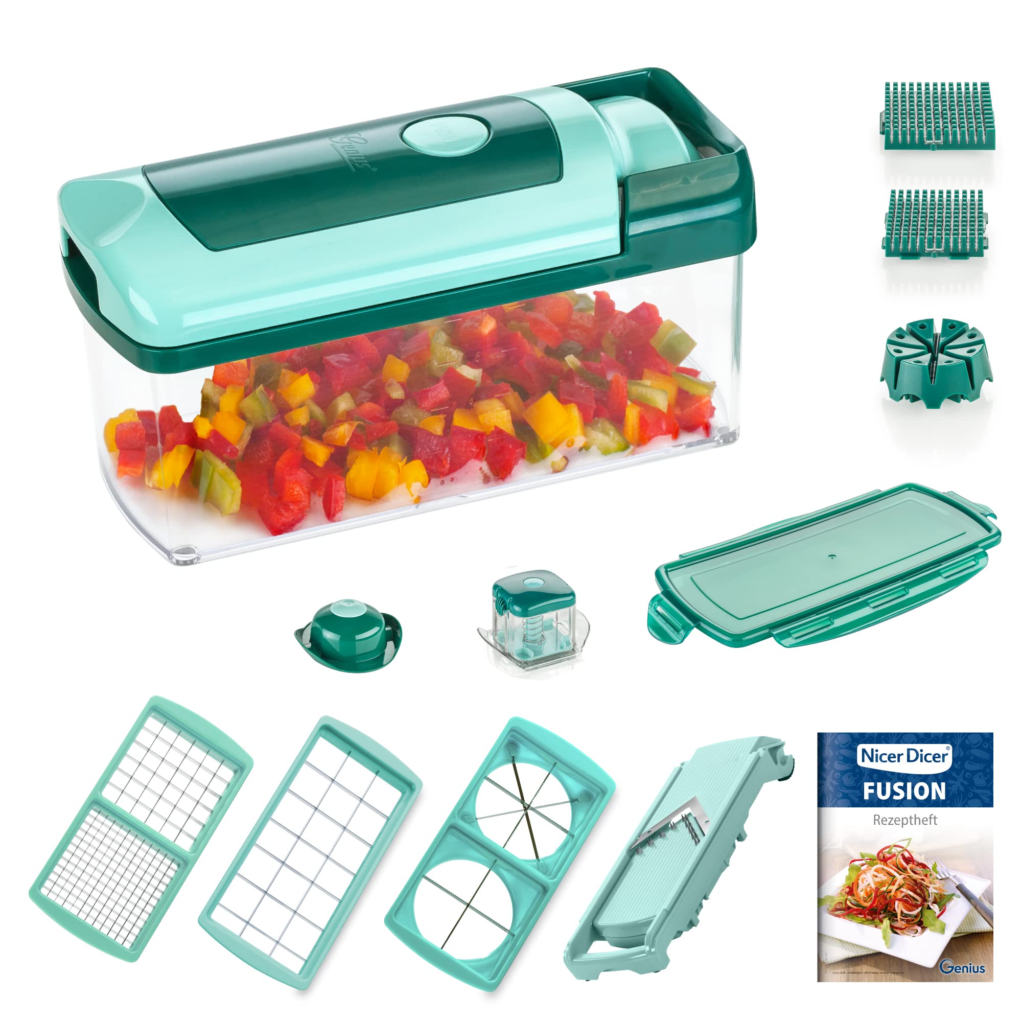 Genius Nicer Dicer Fusion | 13 قسمت | سبز زمردی | برش همه منظوره | برنامه ریزی | تاس | دستگاه برش | تلویزیون جدید، 26.5 x 11.5 x 14.5 سانتی متر