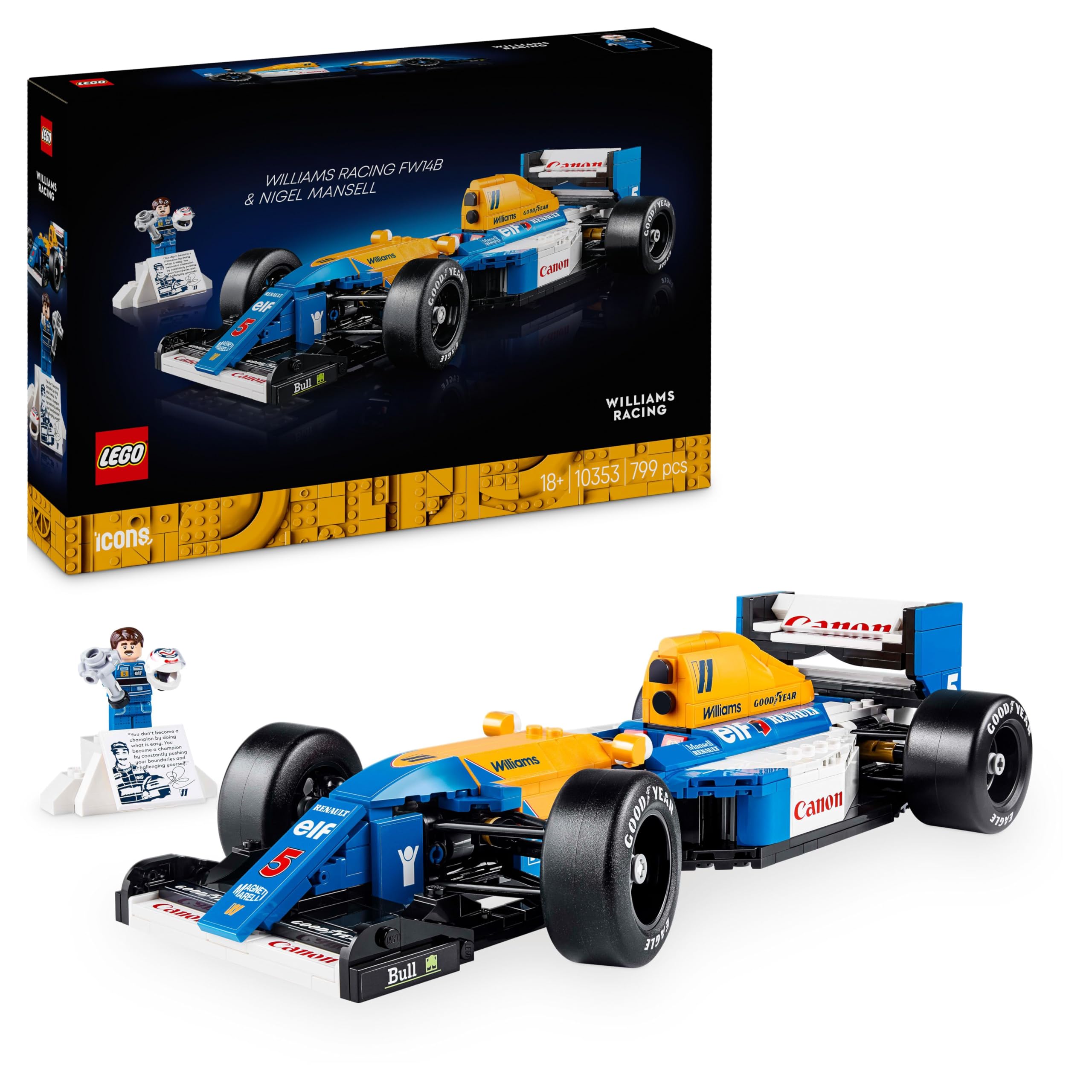 LEGO Icons Williams Racing FW14B with Nigel Mansell - ست ماشین مدل F1 با مینی فیگور راننده مسابقه ای برای جمع آوری - تزیین میز با پایه - هدیه برای طرفداران اتومبیل رانی بزرگسال و نوجوان 10353