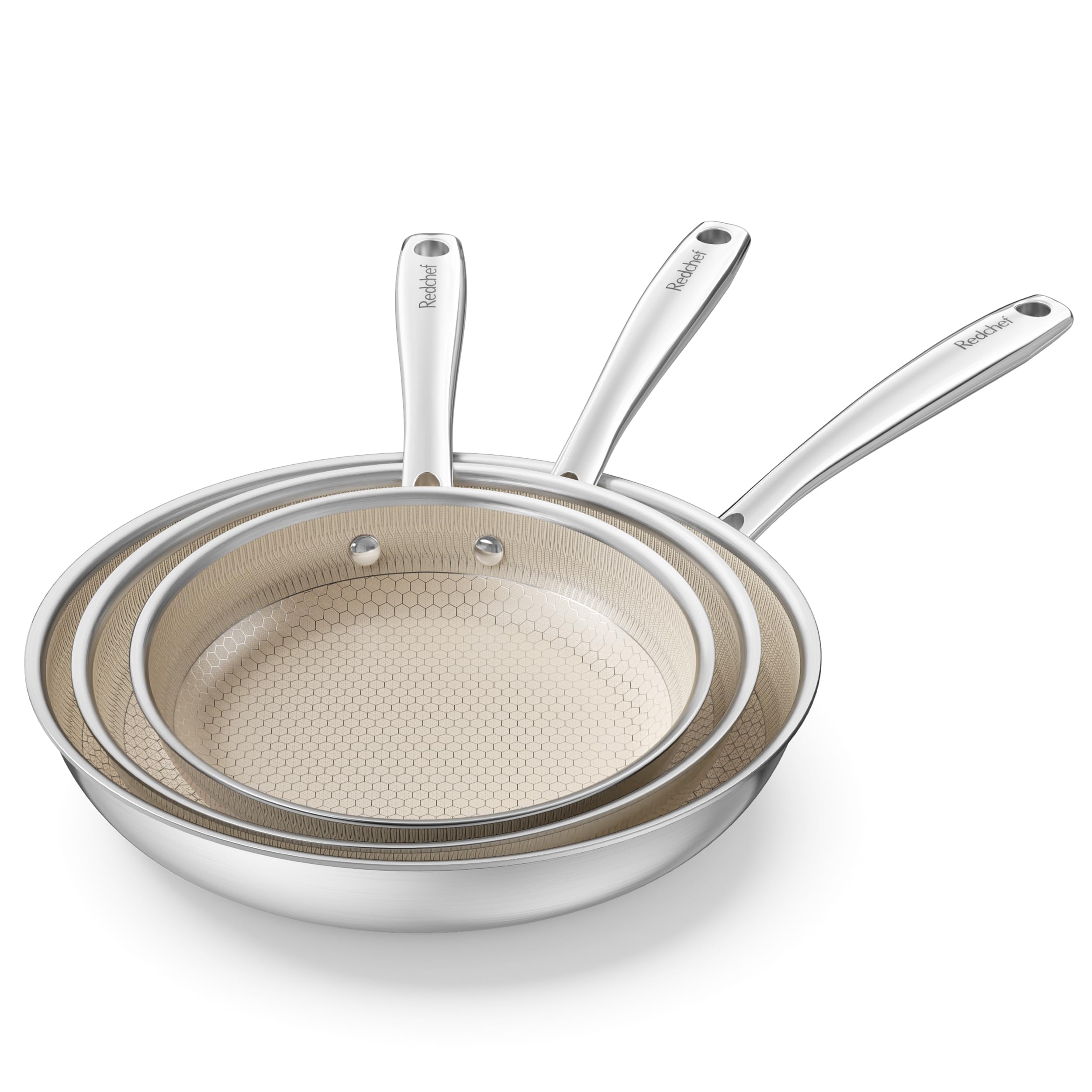 تابه ساختاری لانه زنبوری Redchef ست ماهی تابه 3 تکه سرامیکی، ماهی تابه 24، 20، 28 سانتی متری، تابه القایی استیل ضد زنگ، ست ماهیتابه بدون PFAS بدون PFOA، قابل شستشو در فر و قابل شستشو در ماشین ظرفشویی