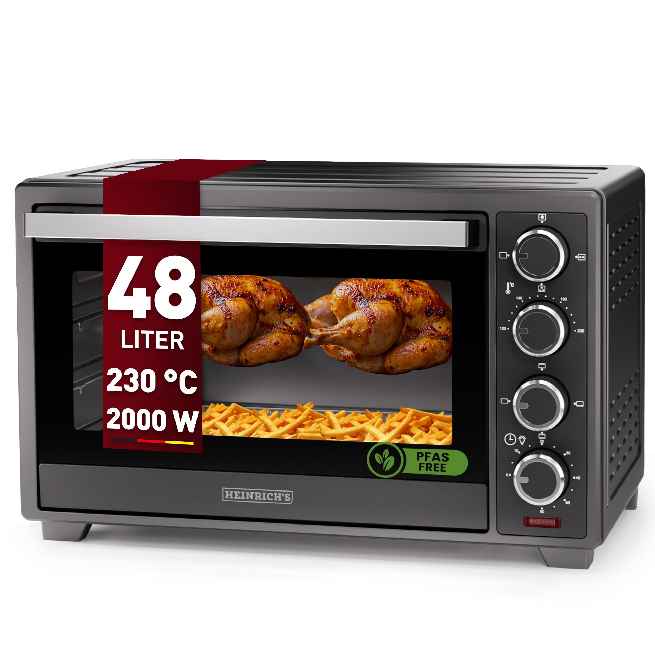 فر کوچک هاینریش با کانوکشن ۴۸ لیتری - فر کوچک با جوجه گردان، سرخ کن بدون روغن شامل تایمر، چراغ داخلی، ۱۰۰-۲۳۰ درجه سانتیگراد، با پنجره دید بزرگ، شامل لوازم جانبی، مشکی، ۲۰۰۰ وات