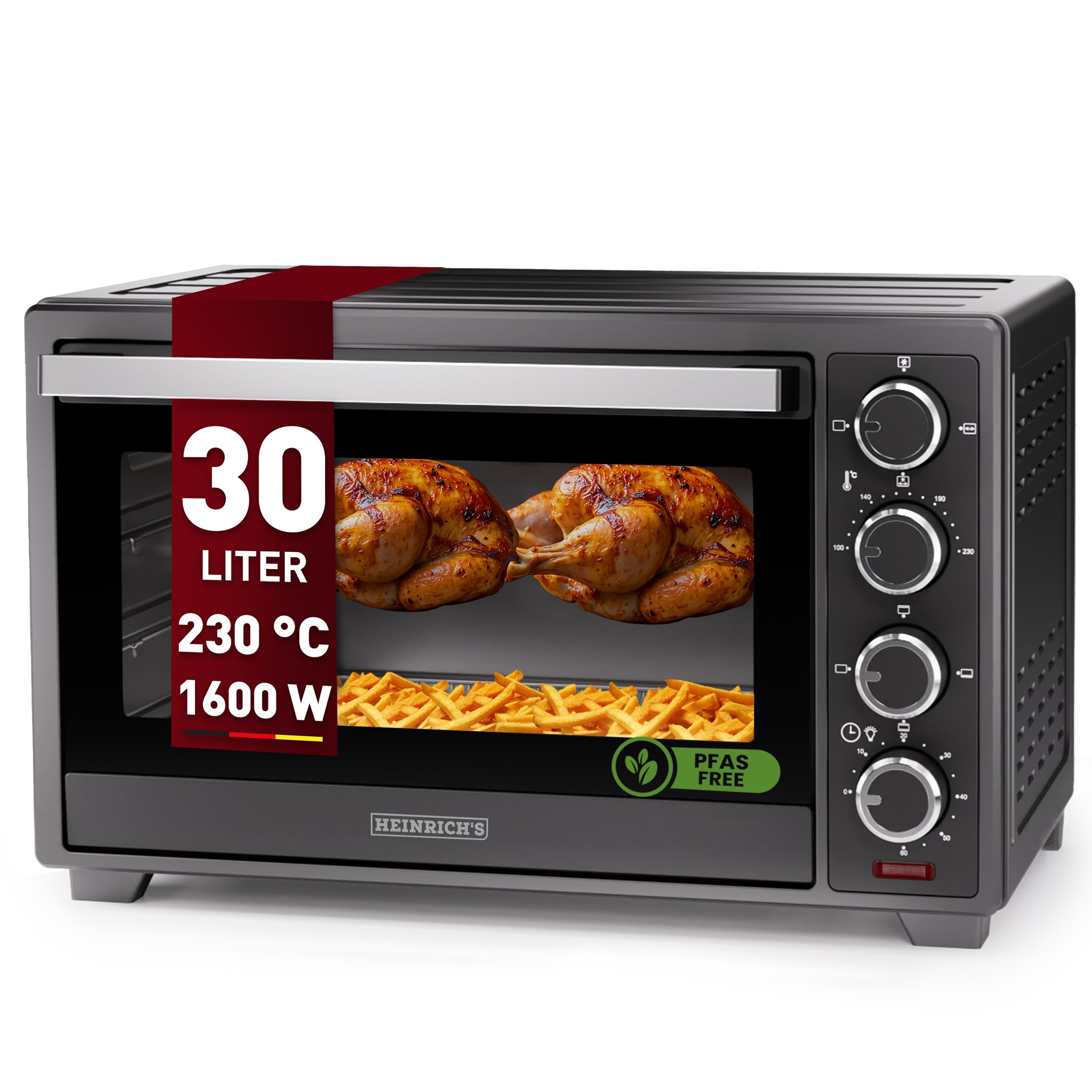 فر کوچک هاینریش با کانوکشن 30 لیتری - فر کوچک با جوجه گردان، سرخ کن بدون روغن شامل تایمر، چراغ داخلی، 100-230 درجه سانتیگراد، با پنجره دید بزرگ، شامل لوازم جانبی، مشکی، 1600 وات
