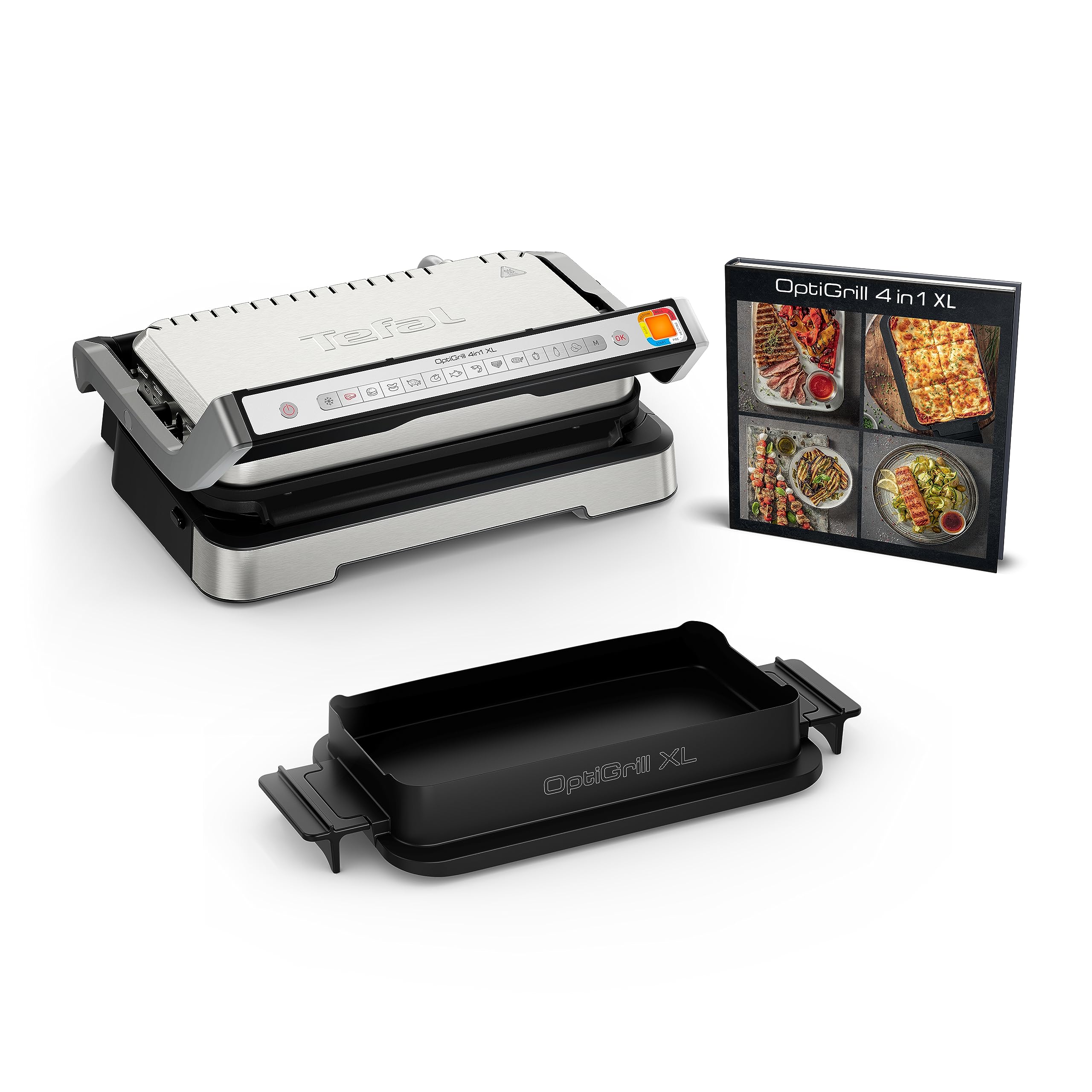 گریل تماسی تفال OptiGrill 4in1 XL با سینی پخت، تاشو، گریل رومیزی، 12 برنامه، نمایشگر سطح پخت، گریل برقی، فر، GC784D10، نقره ای