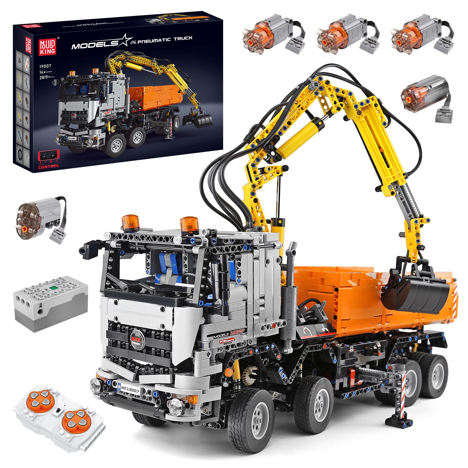 Mold King 19007 Technic Crane کامیون پنوماتیک بلوک های ساختمانی، کامیون مهندسی با کنترل از راه دور و موتور، 2819 قطعه MOC کنترل از راه دور بزرگ بلوک مونتاژ اتومبیل بلوک آجر اسباب بازی