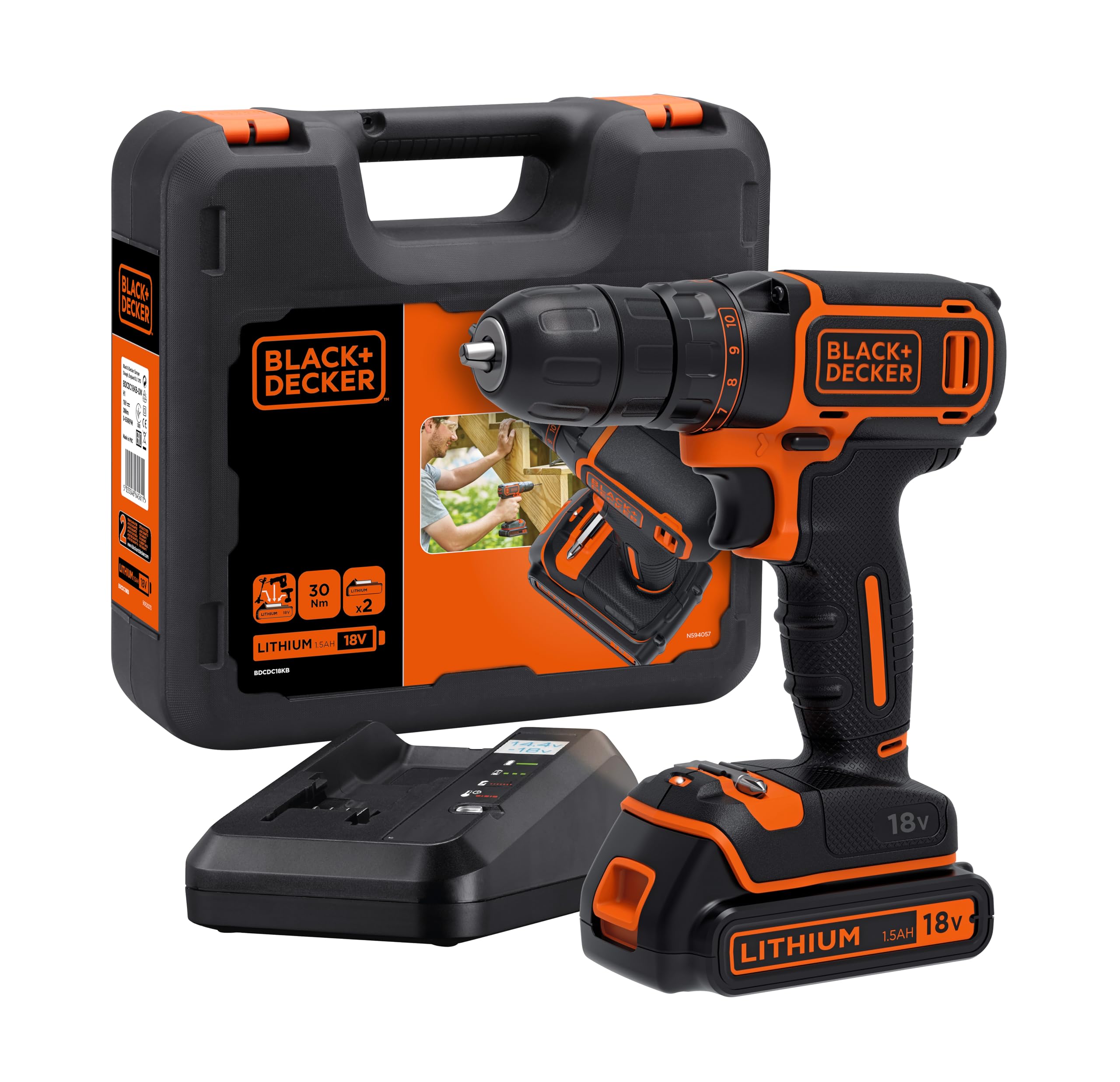 دریل/درایور شارژی Black+Decker (18 ولت، شامل باتری لیتیوم یونی، 1 بیت دوبل، شارژر 400 میلی آمپری، چراغ کار LED، دنده سیاره ای، دستگیره نرم) BDCDC18K