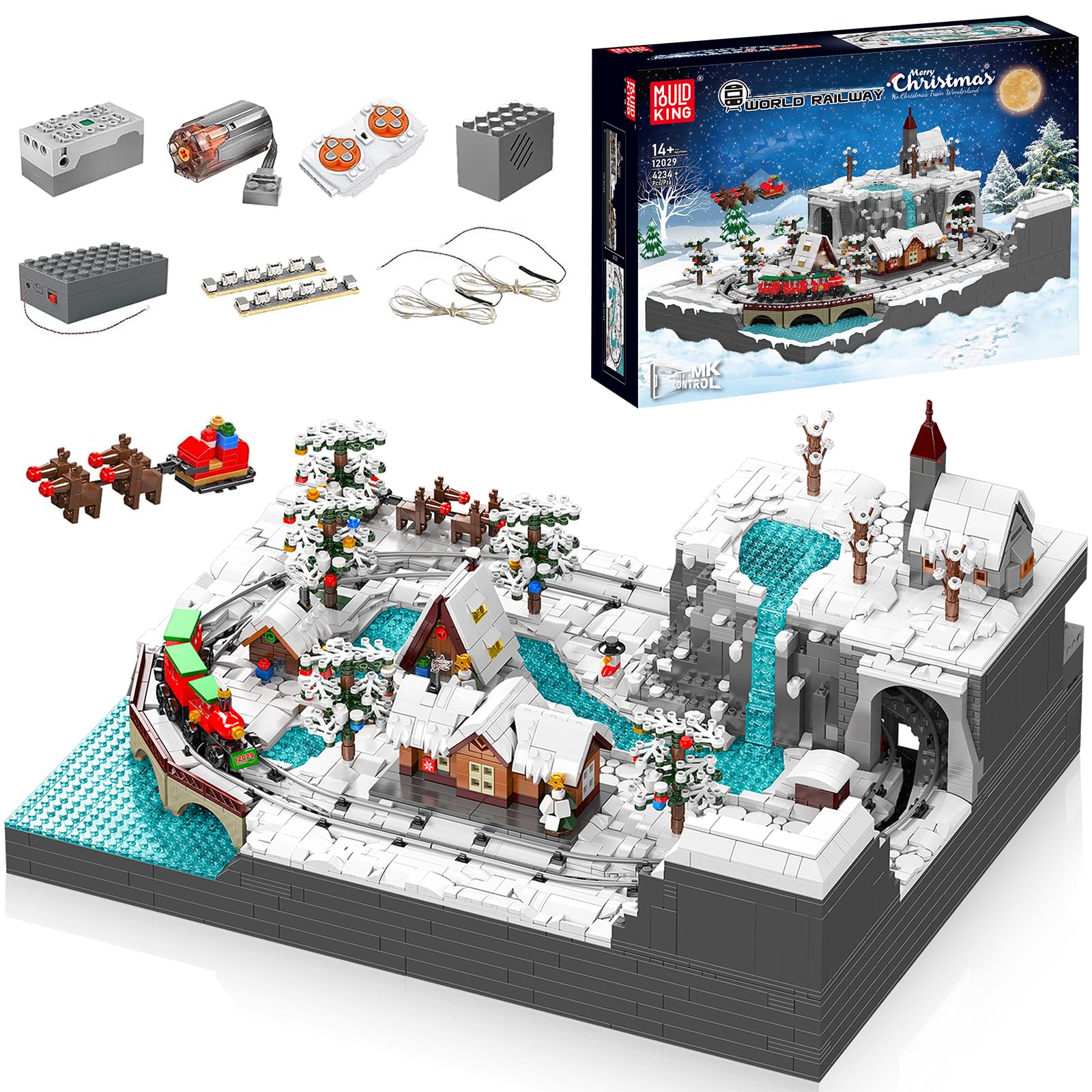 مدل بلوک های ساختمانی قطار کریسمس تکنیک 12029، ست راه آهن قطار 4234 تکه با مسیر و روشنایی، کیت مدل قطار با کنترل از راه دور به عنوان اسباب بازی/هدیه/کلکسیونی
