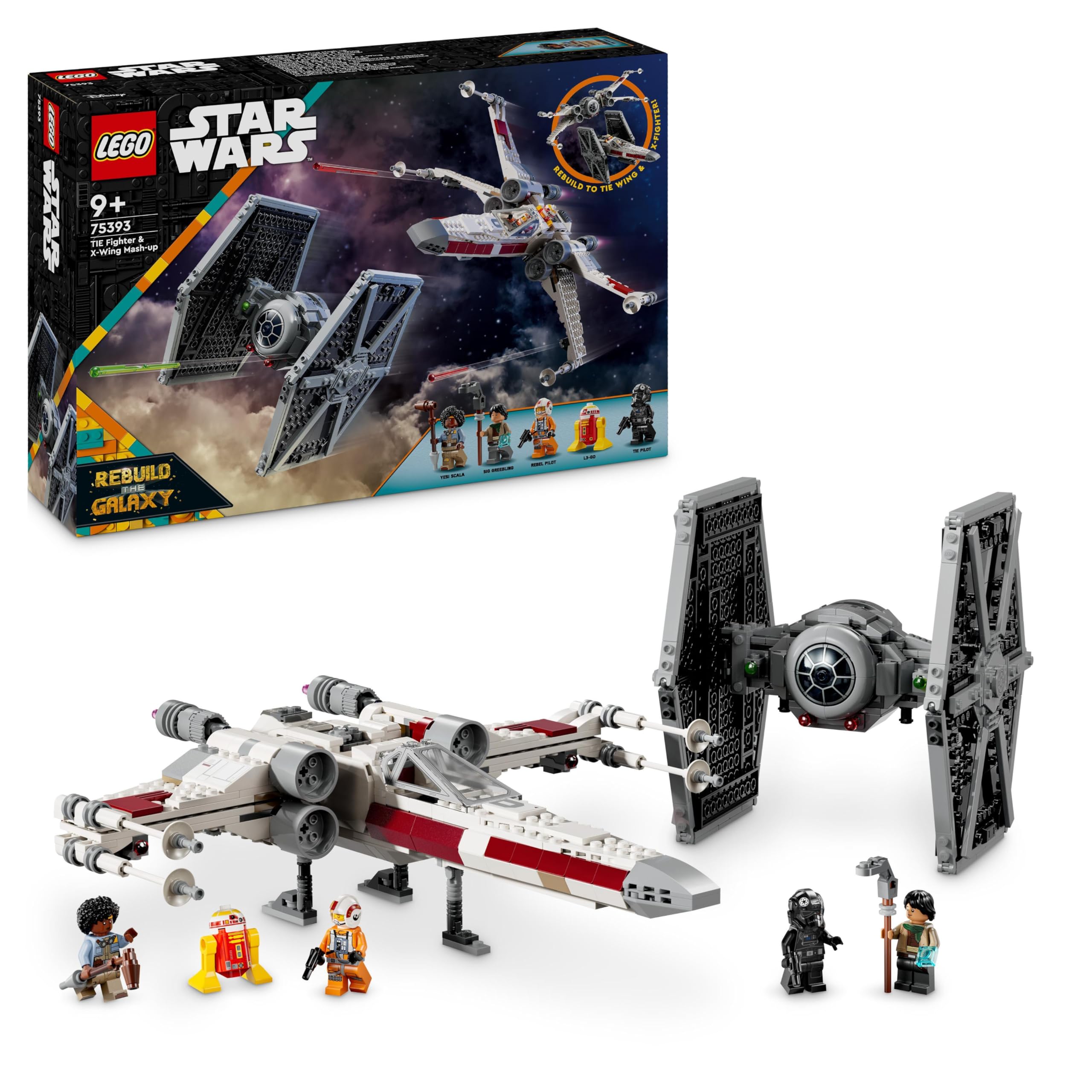 LEGO Star Wars Mashup TIE Fighter & X-Wing، Starfighter اسباب بازی ساختنی، ایده هدیه برای کودکان، کشتی های ستاره ای قابل تنظیم، هدیه برای پسران، دختران و همه طرفداران 75393