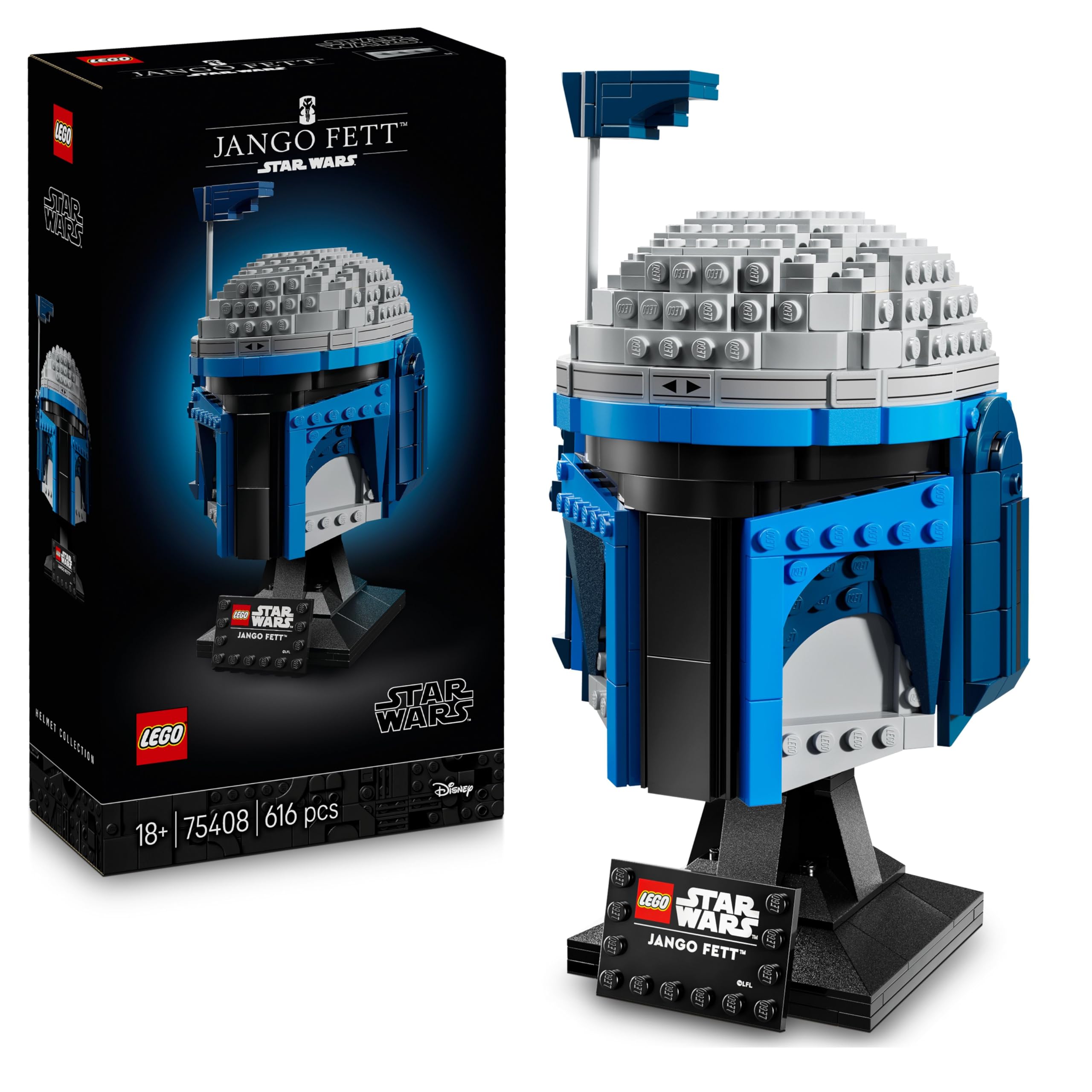 کلاه ایمنی LEGO Star Wars 75408 Jango Fett - ست ساختمان ماندالوریای بزرگسالان - مدل پایه دار، پلاک نام و آنتن قابل تنظیم - هدیه برای طرفداران حمله کلون