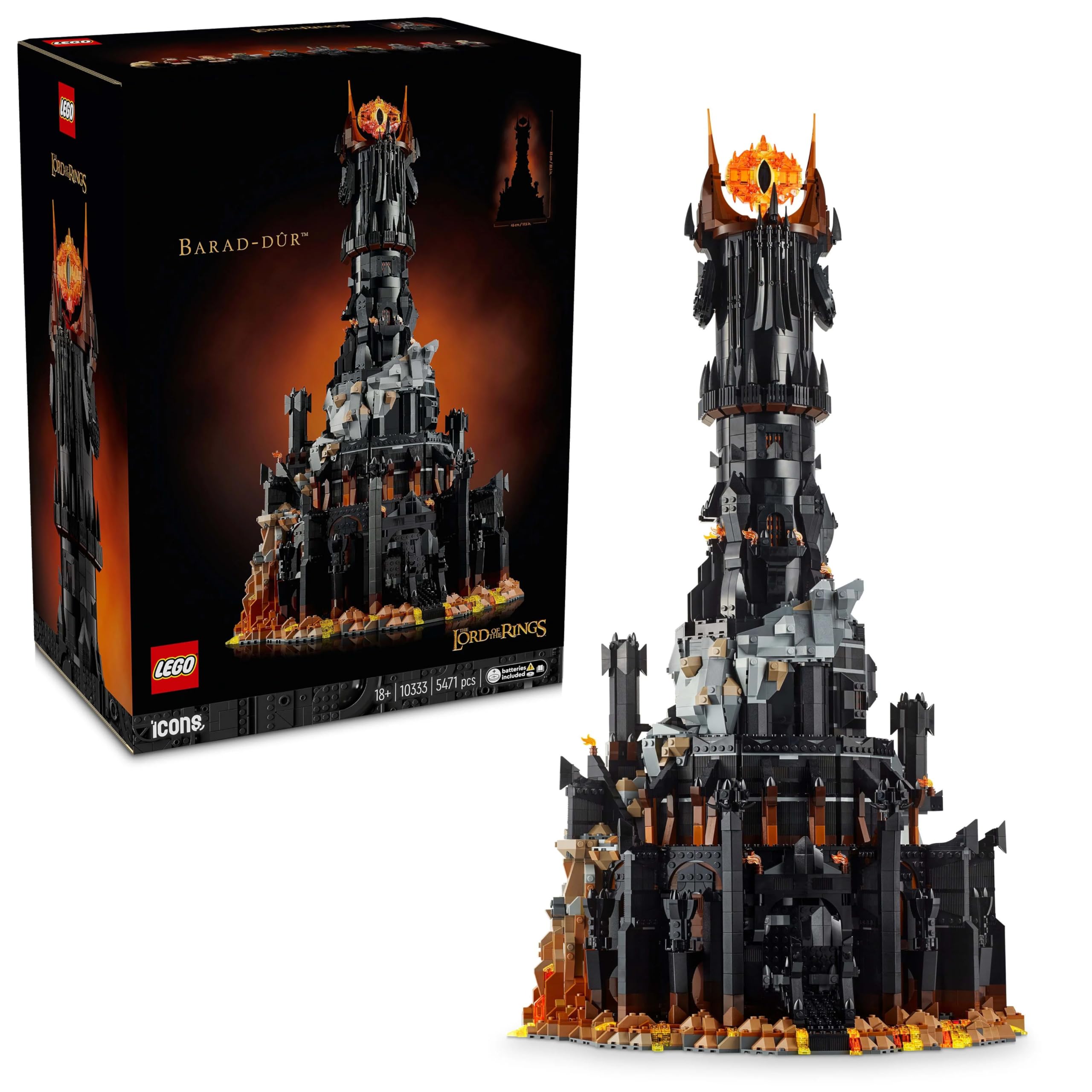 LEGO Icons The Lord of the Rings: Barad-dûr، مجموعه ساختمانی برای بزرگسالان با مینی فیگورهای Sauron، Gothmog، Orc، Frodo، Sam و Gollum، یادگاری فیلم، کلکسیونی برای طرفداران 10333