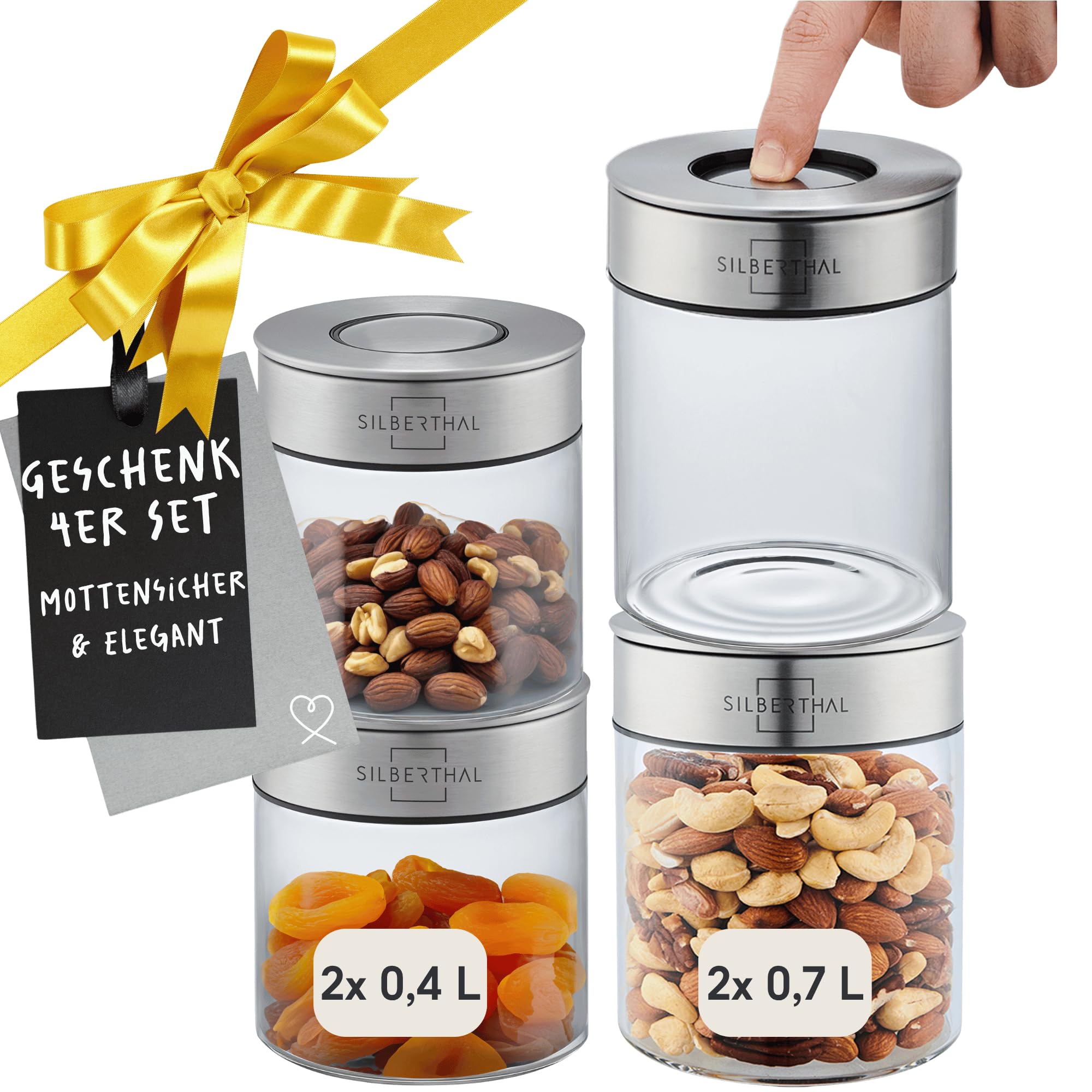 ظروف نگهداری سیلبرتال آلمان SILBERTHAL، مجموعه 4 عددی، کوچک - ظروف شیشه‌ای با استیل ضد زنگ - درب‌های کلیکی، بدون درب پیچی - 2 عدد 400 میلی‌لیتر و 2 عدد 700 میلی‌لیتر - مجموعه هدیه کریسمس ایده‌آل، مجموعه 4 عددی کوچک