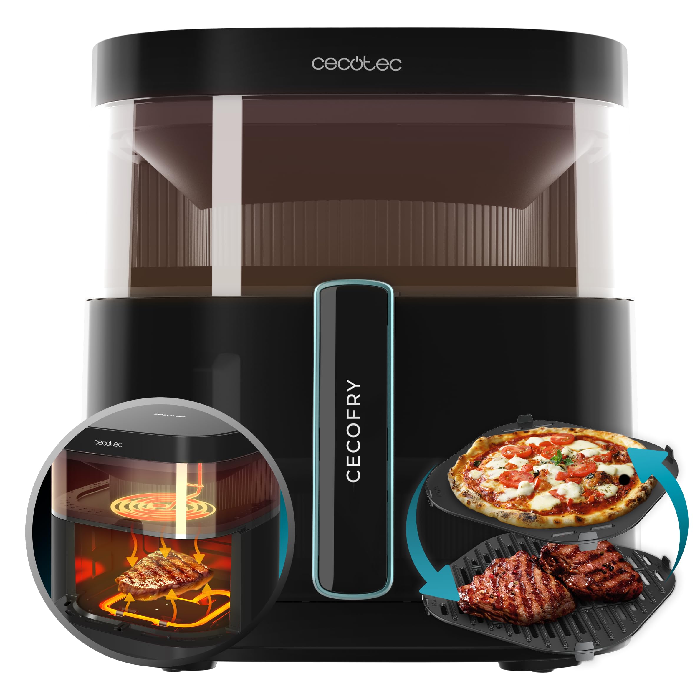 سرخ کن بدون روغن Cecotec - 6 لیتر با پنجره Cecofry DuoHeat 6000. 2200 وات، المنت‌های گرمایشی دوگانه، پخت سه‌بعدی، سبک گریل، 8 منو، کنترل دما 80-200 درجه سانتیگراد، مقاومت دوگانه