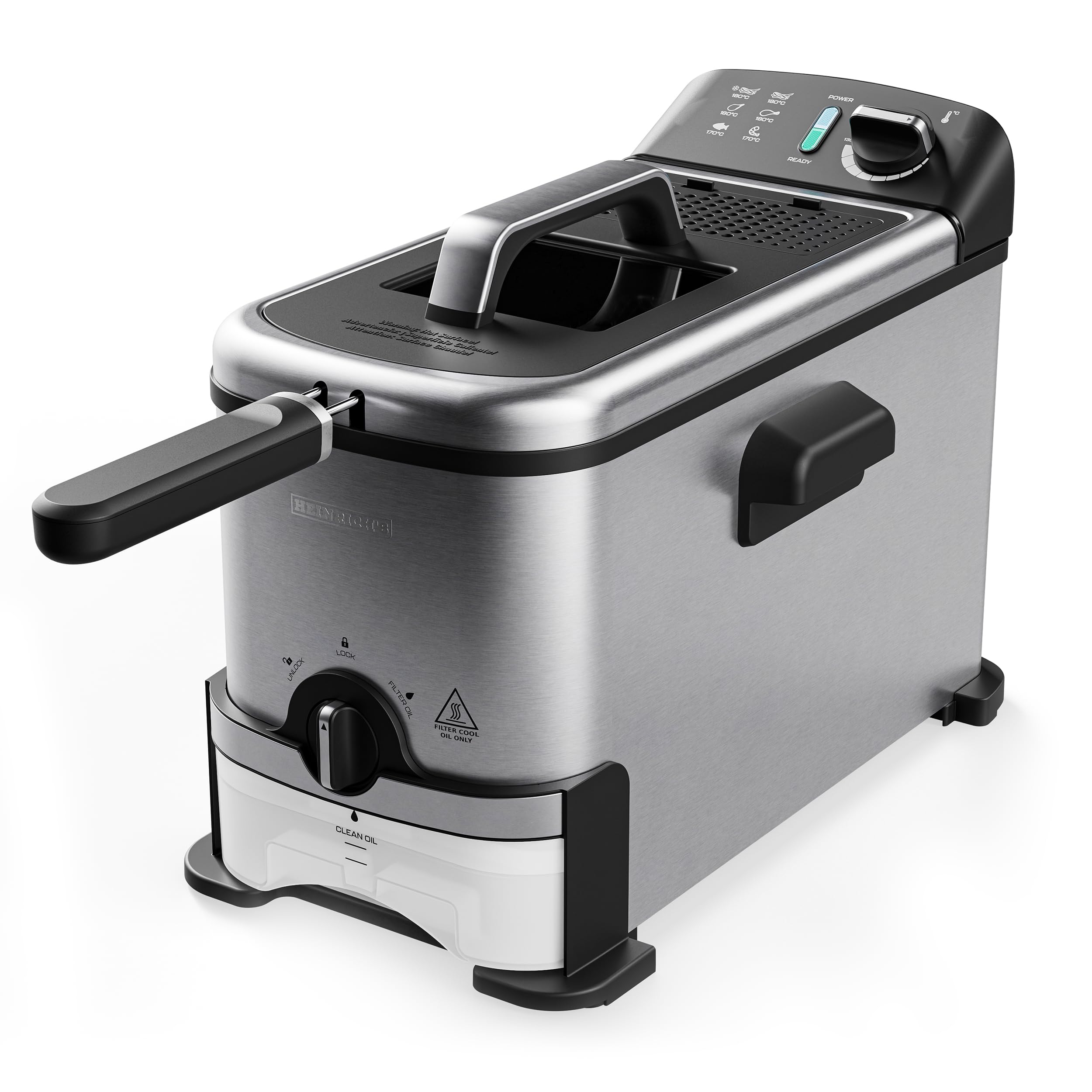 سرخ کن عمیق HEINRICHS، سرخ کن عمیق با فیلتر روغن، ظرفیت ۳ لیتر، ترموستات متغیر پیوسته، تا ۱۹۰ درجه سانتیگراد، ظرف روغن قابل جدا شدن، با پنجره دید، تمیز کردن آسان، استیل ضد زنگ، ۲۰۰۰ وات