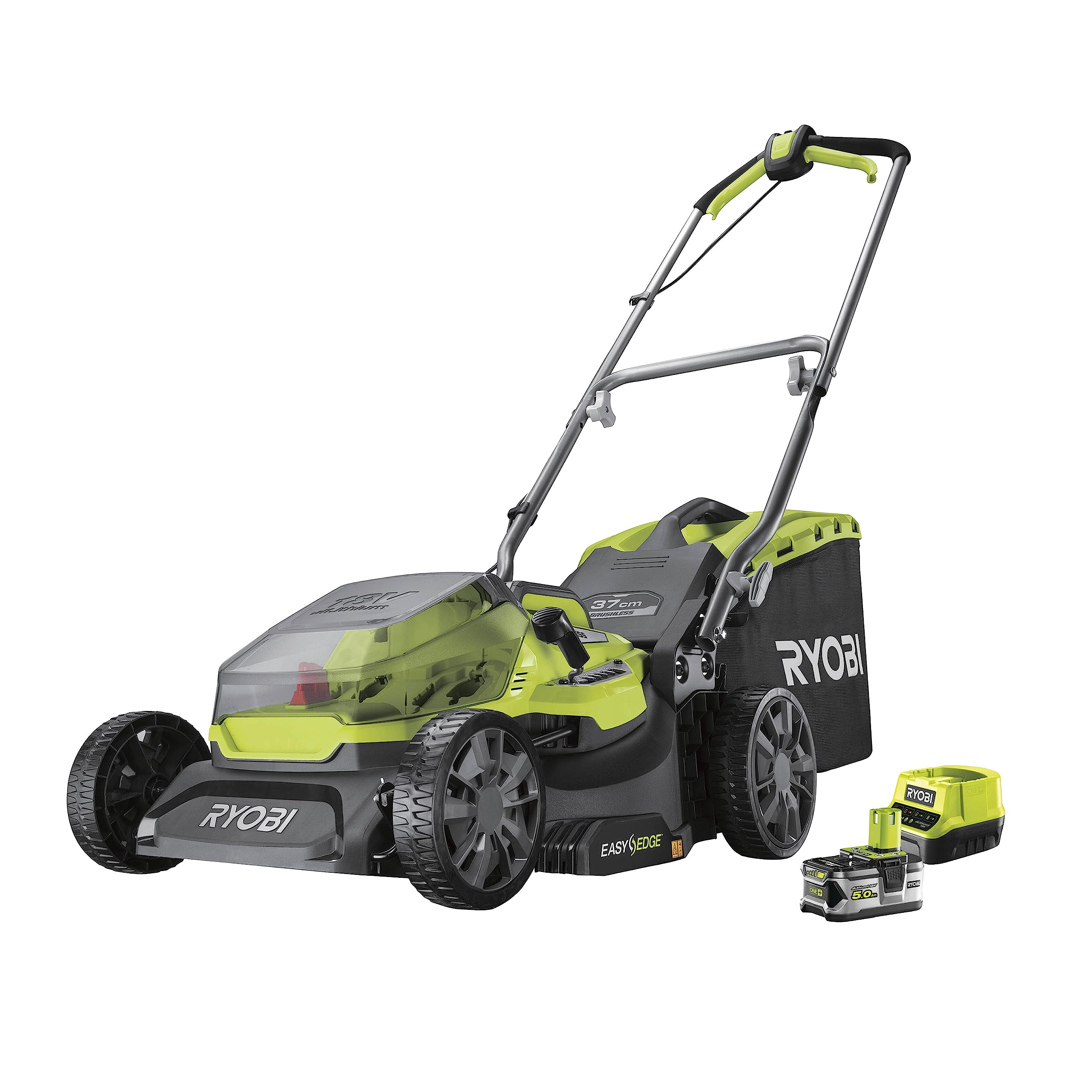 چمن زن شارژی ریوبی ژاپن RYOBI 18 V ONE+ RY18LMX37A-150، عرض برش 37 سانتی متر، تنظیم ارتفاع برش در 6 موقعیت از 25 تا 70 میلی متر، شامل باتری لیتیوم + 1 × 18 ولت و شارژر