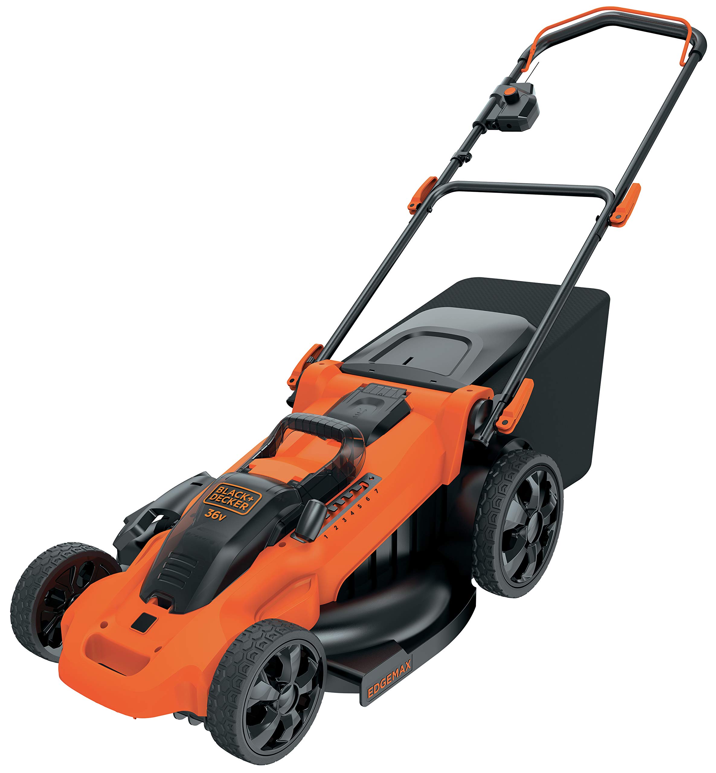 چمن زنی شارژی Black+Decker CLMA4825L2 (36 ولت، 2.5 آمپر ساعت، عرض برش 48 سانتی متر، با فناوری Autosense، برای چمن های بزرگ تا 600 متر مربع، تنظیم ارتفاع در 7 جهت، شامل 2 باتری و شارژر)