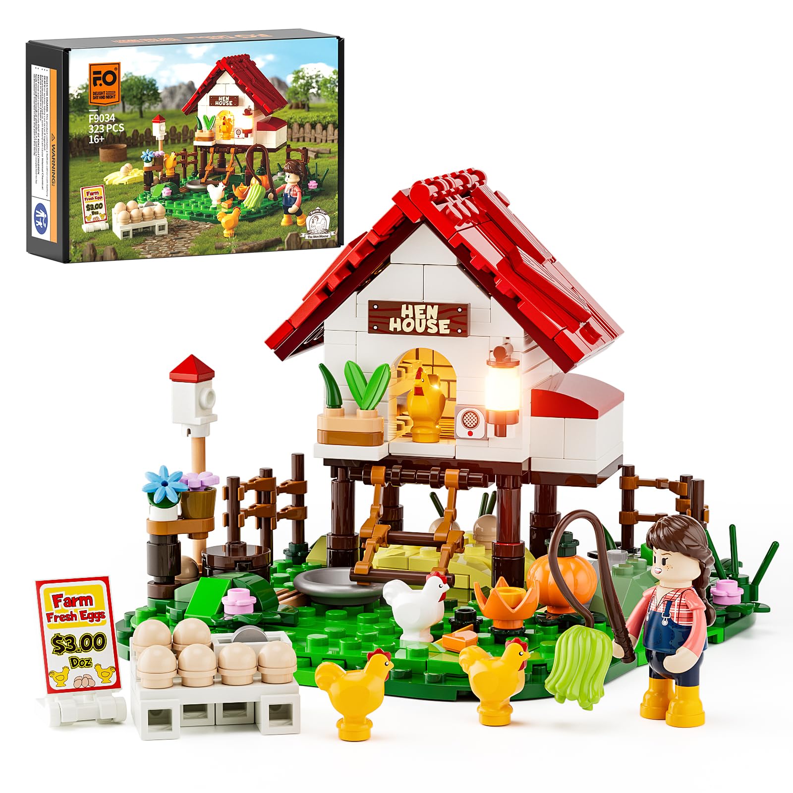 FUNWHOLE Farm Chicken Coop Lighting Building Blocks - Farm Life Chicken Coop and Animal Collection LED Light Construction Kit 323 عددی برای بزرگسالان و نوجوانان