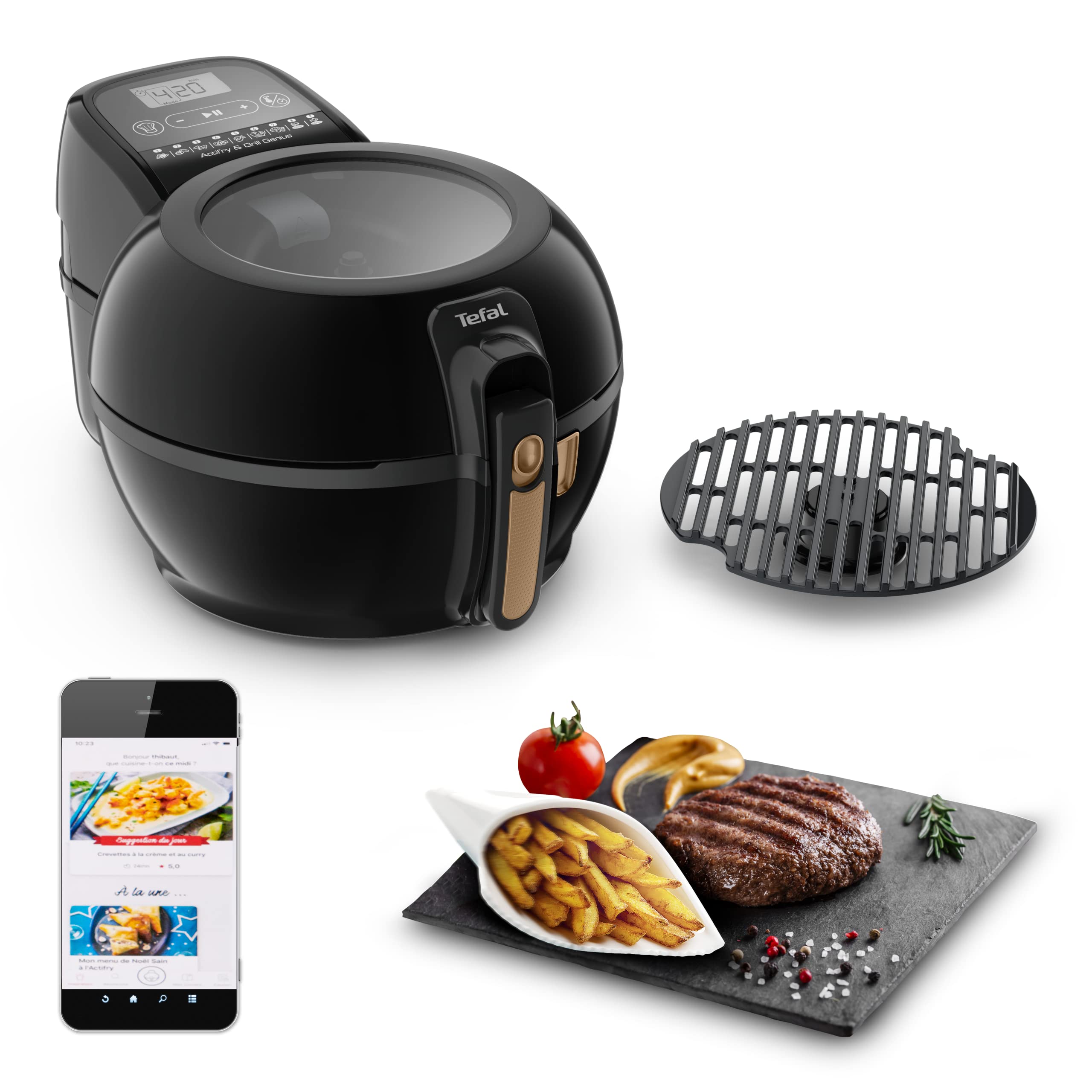 سرخ کن تفال FZ7758 ActiFry & Grill Genius شامل قفسه گریل، بازوی همزن خودکار، 9 برنامه پخت خودکار، ظرفیت 1.2 کیلوگرم، سرخ کردن سالم بدون روغن، کتاب دستور العمل دیجیتال، مشکی