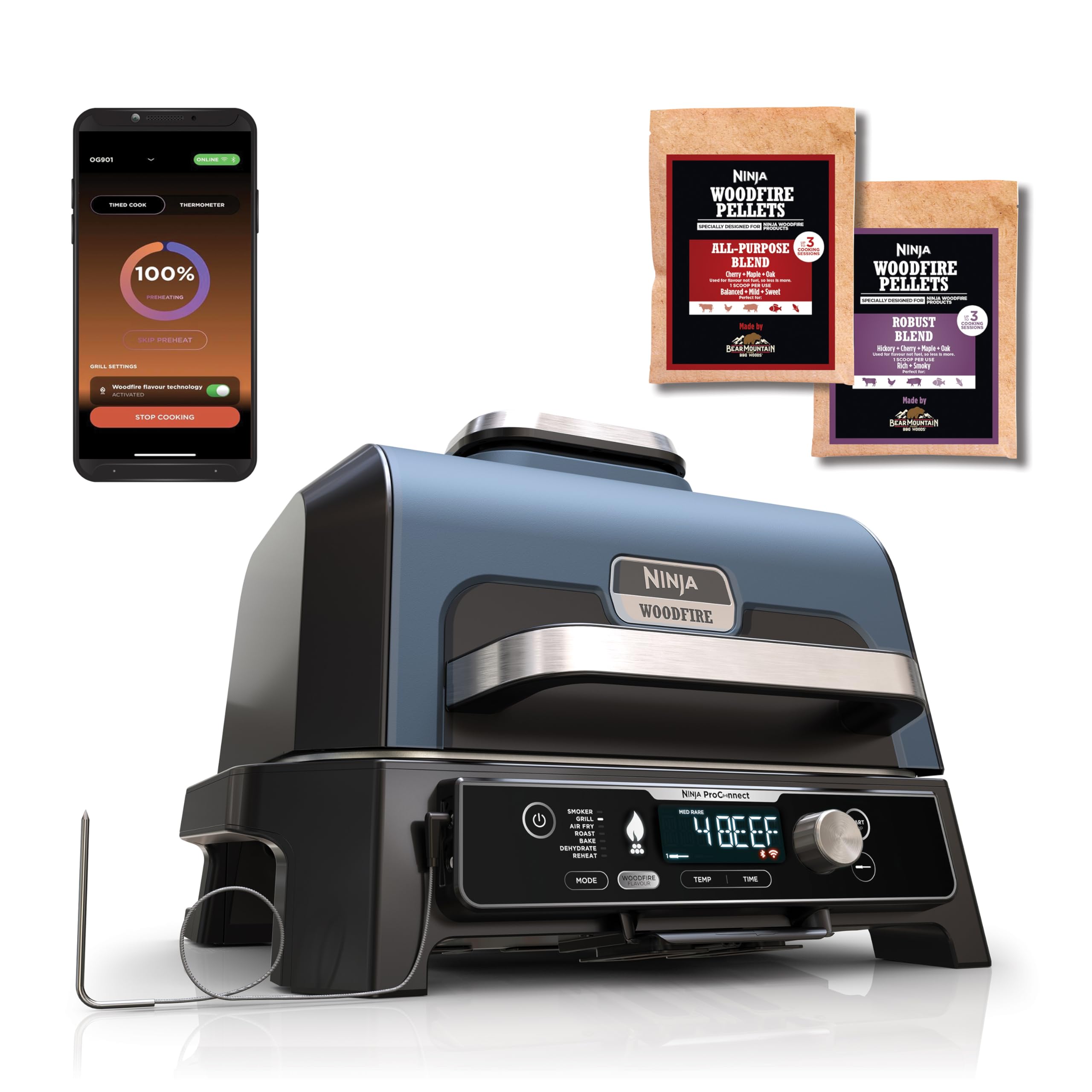 گریل دودی باربیکیو برقی Ninja Woodfire Pro Connect XL، کنترل از طریق اپلیکیشن، سنسور دمای دیجیتال، گریل برقی و سرخ کن بادی 7 کاره فضای باز با گلوله‌های هیزمی، ضد آب، مشکی OG901EU BBQ Grill XL + سنسور دما